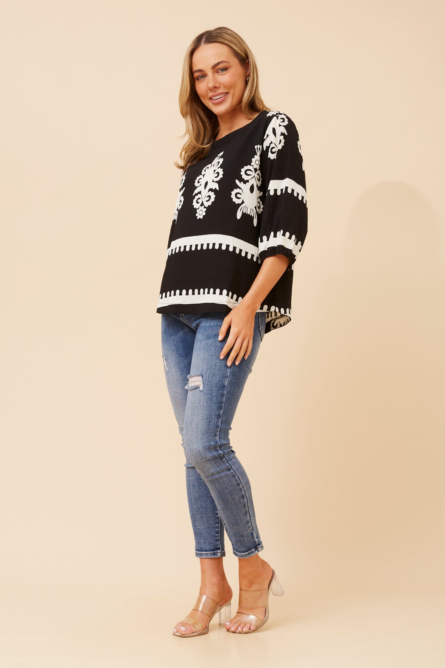 Amara Boho Print Blouse T523165 Black/White