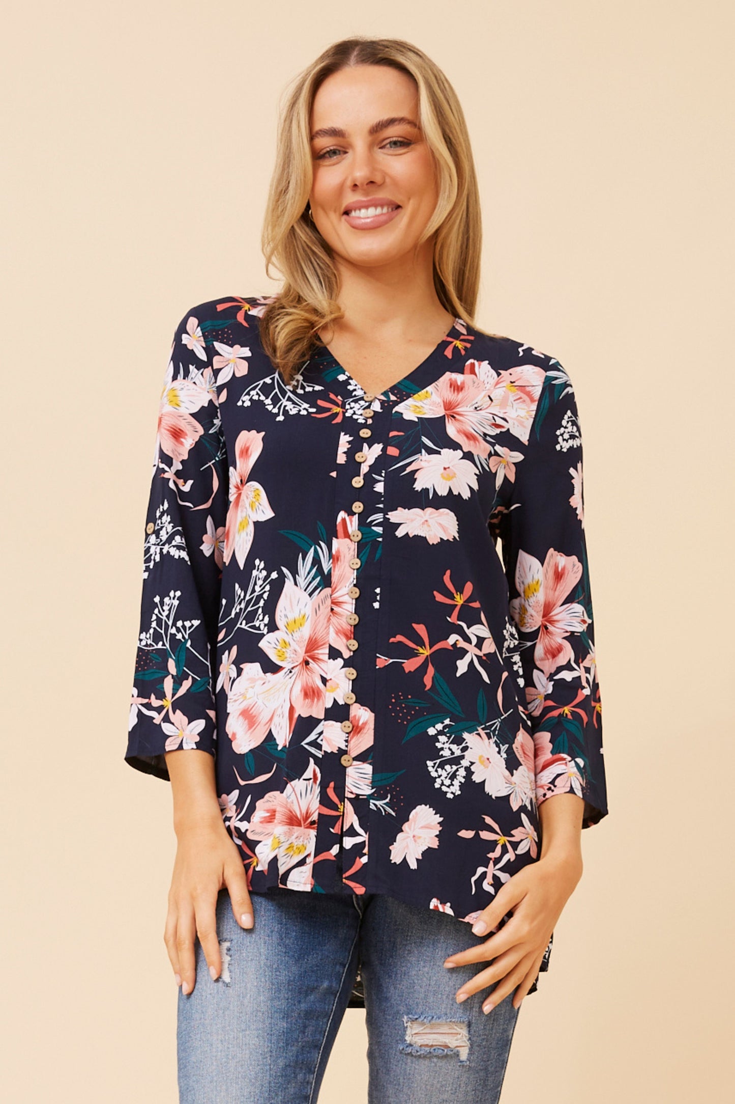 Edie Floral Print Top T515446 Navy