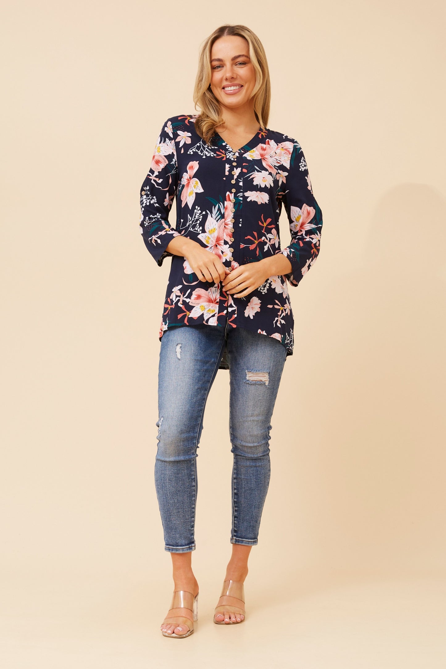 Edie Floral Print Top T515446 Navy