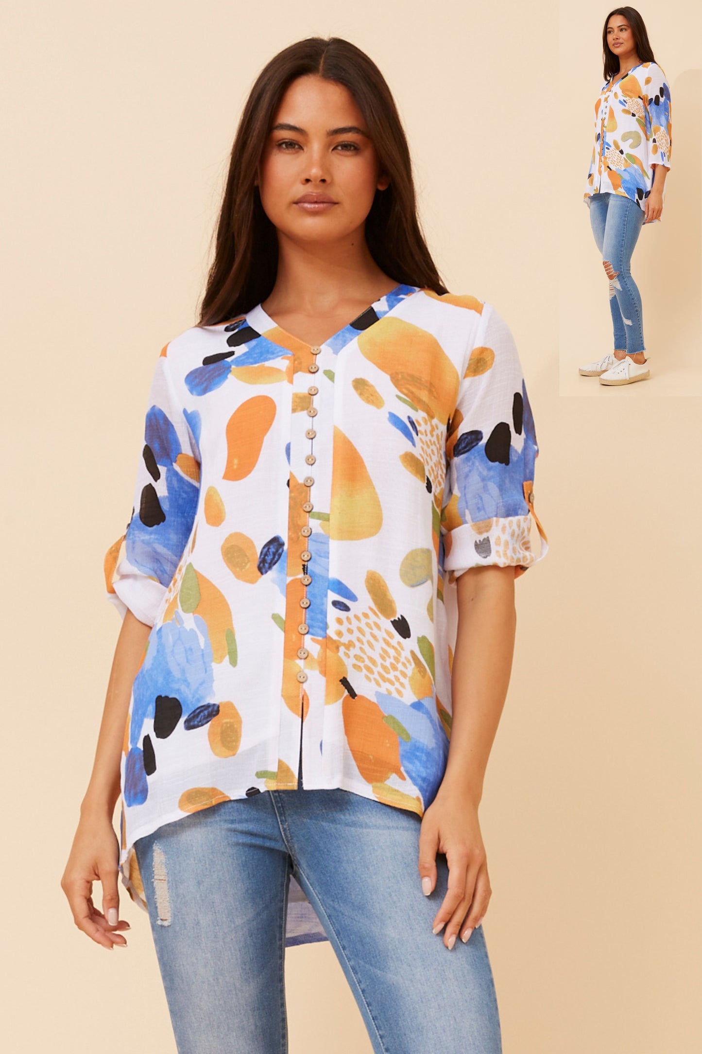 Edie Floral Print Button Top - T520951 M Orange