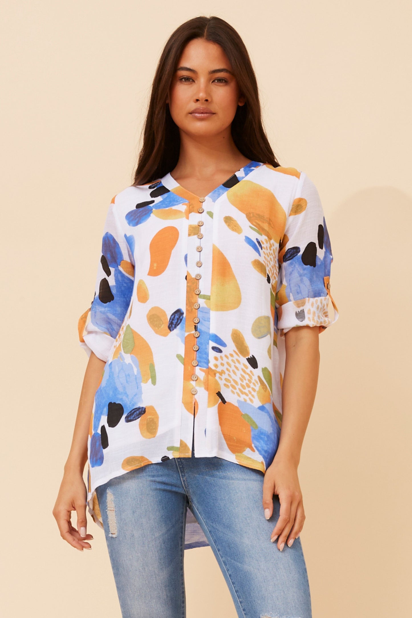 Edie Floral Print Button Top - T520951 M Orange