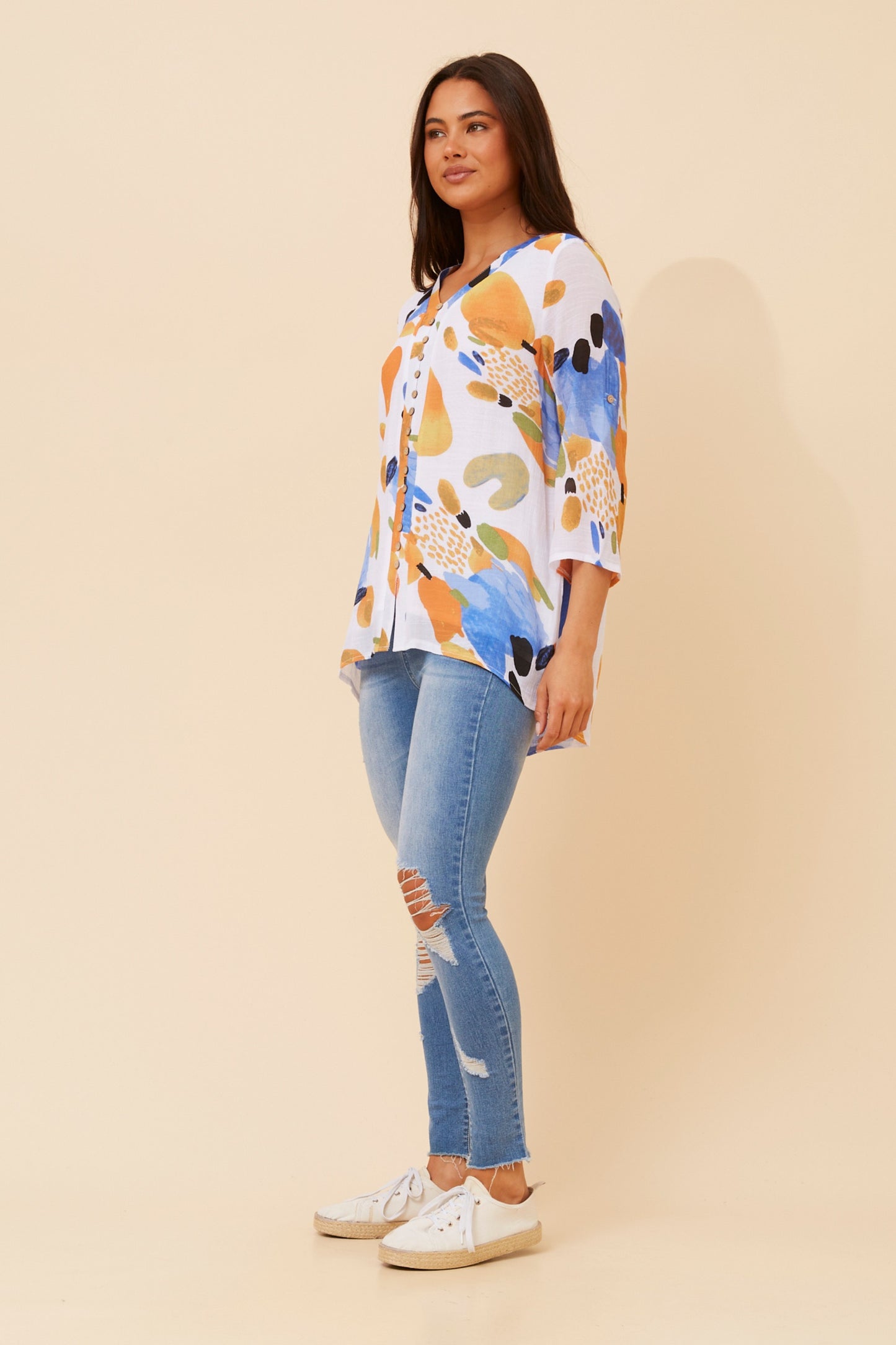 Edie Floral Print Button Top - T520951 M Orange