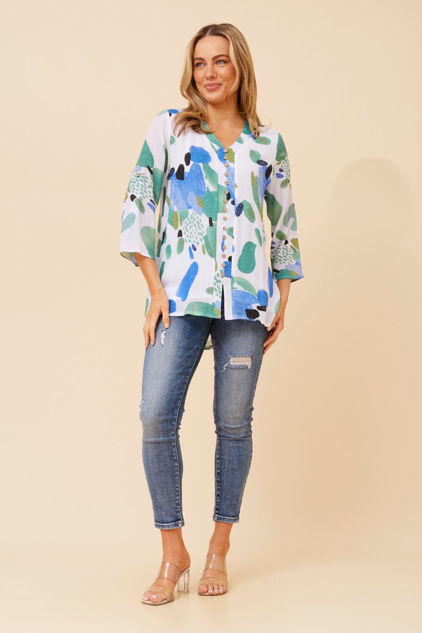 Edie Floral Print Button Top - T520951 M Blue