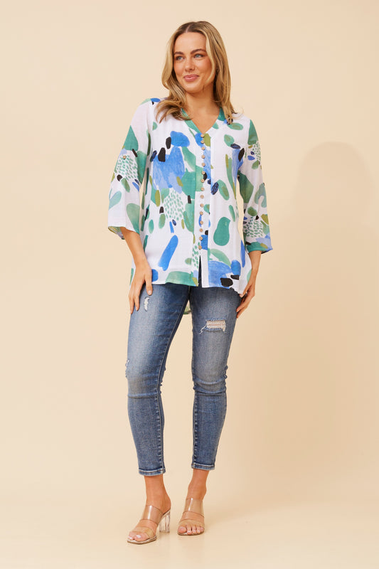 Edie Floral Print Button Top - T520951 M Blue