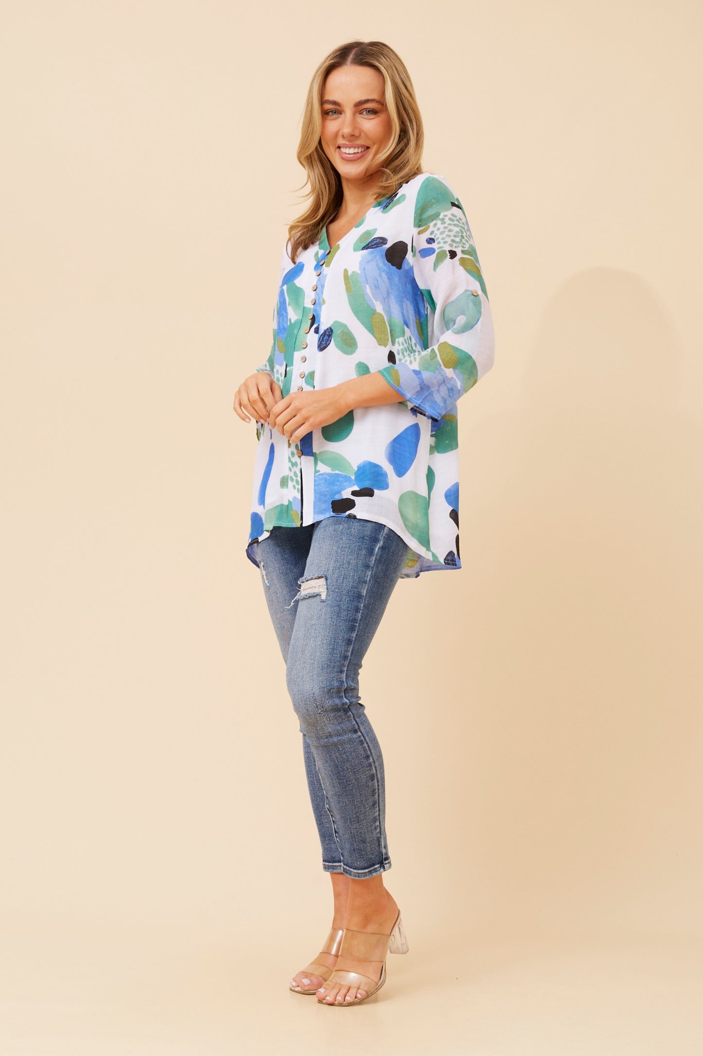 Edie Floral Print Button Top - T520951 M Blue