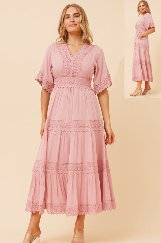 Alexia Lace Trim Dress - Rosewater D512419