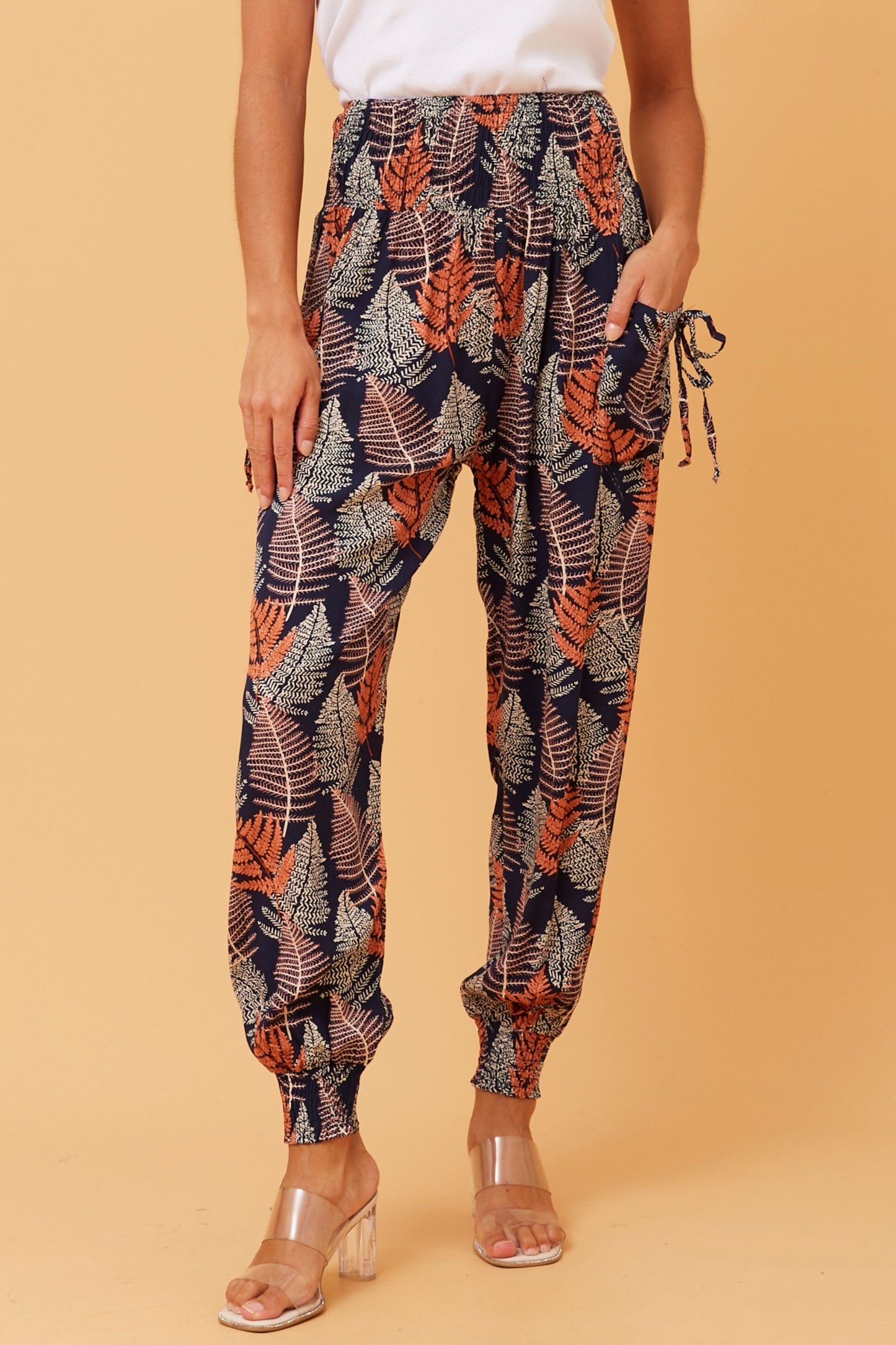 Leaf Print Harem Pants P517340 Navy