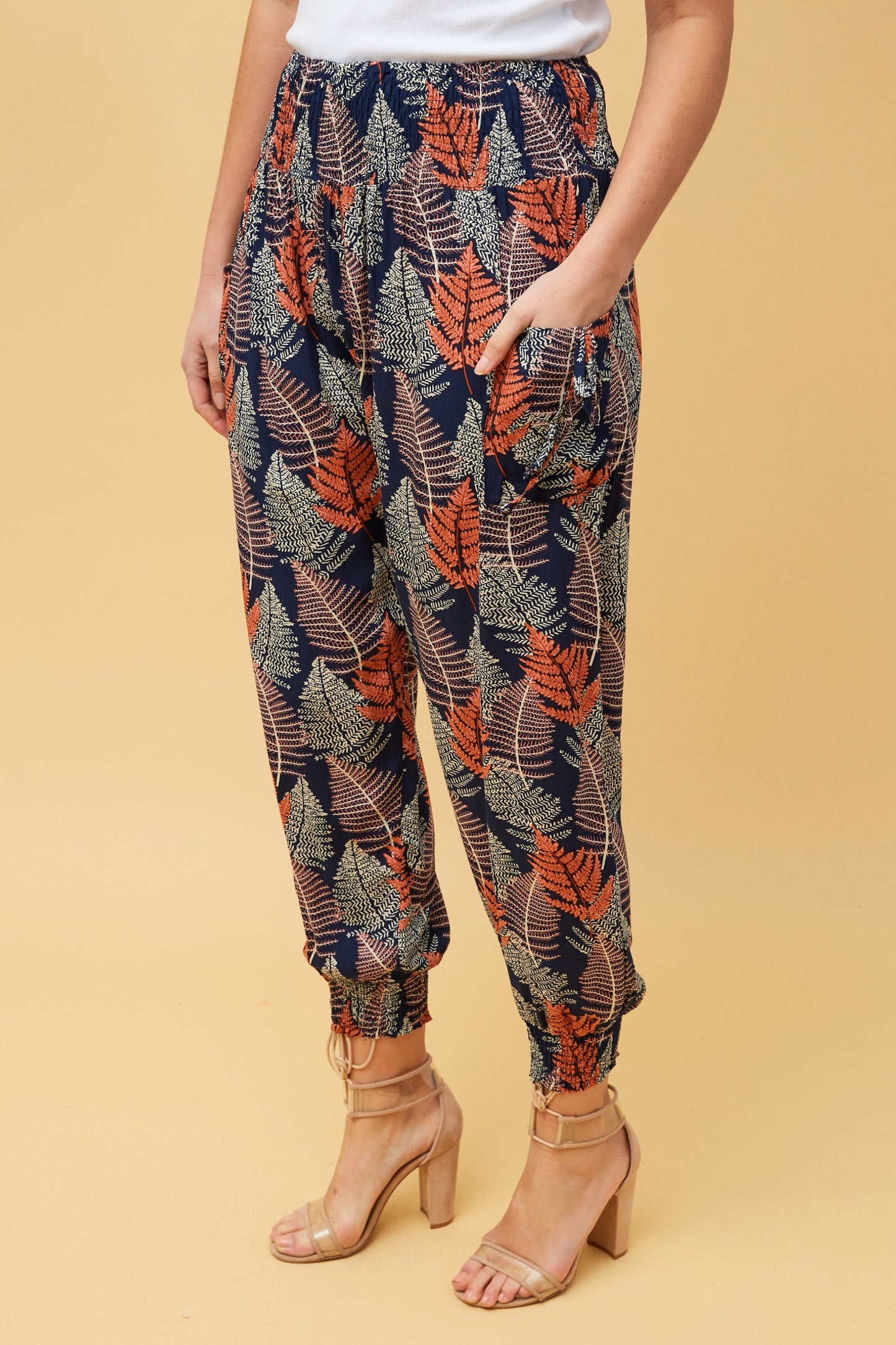 Leaf Print Harem Pants P517340 Navy