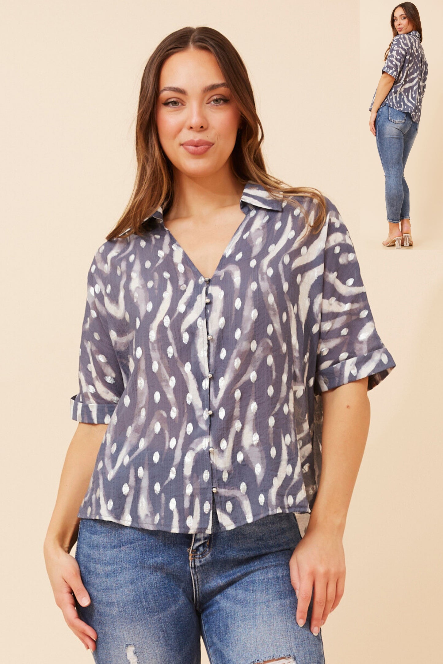 Myka Foil Print Top T523405 Indigo