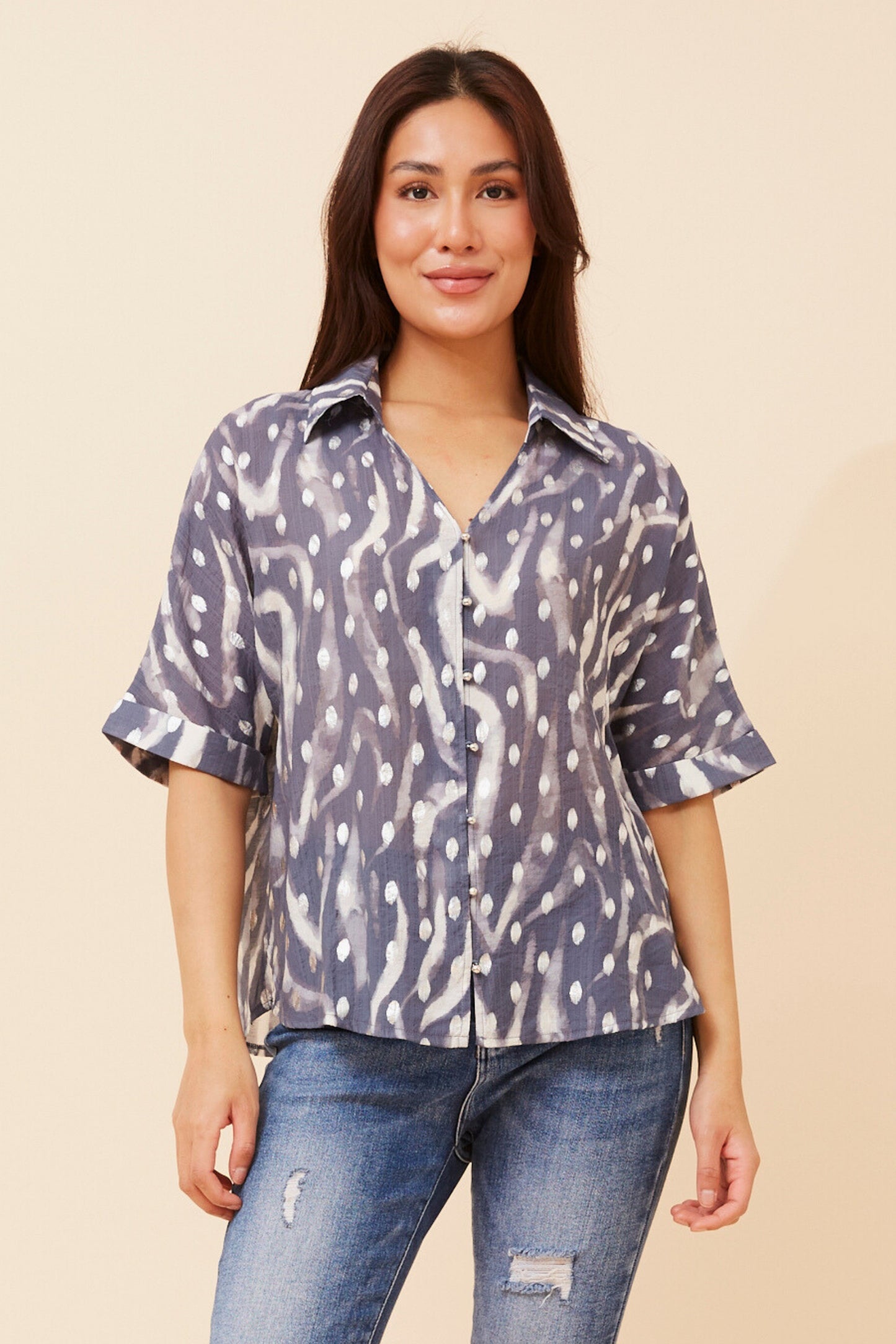 Myka Foil Print Top T523405 Indigo