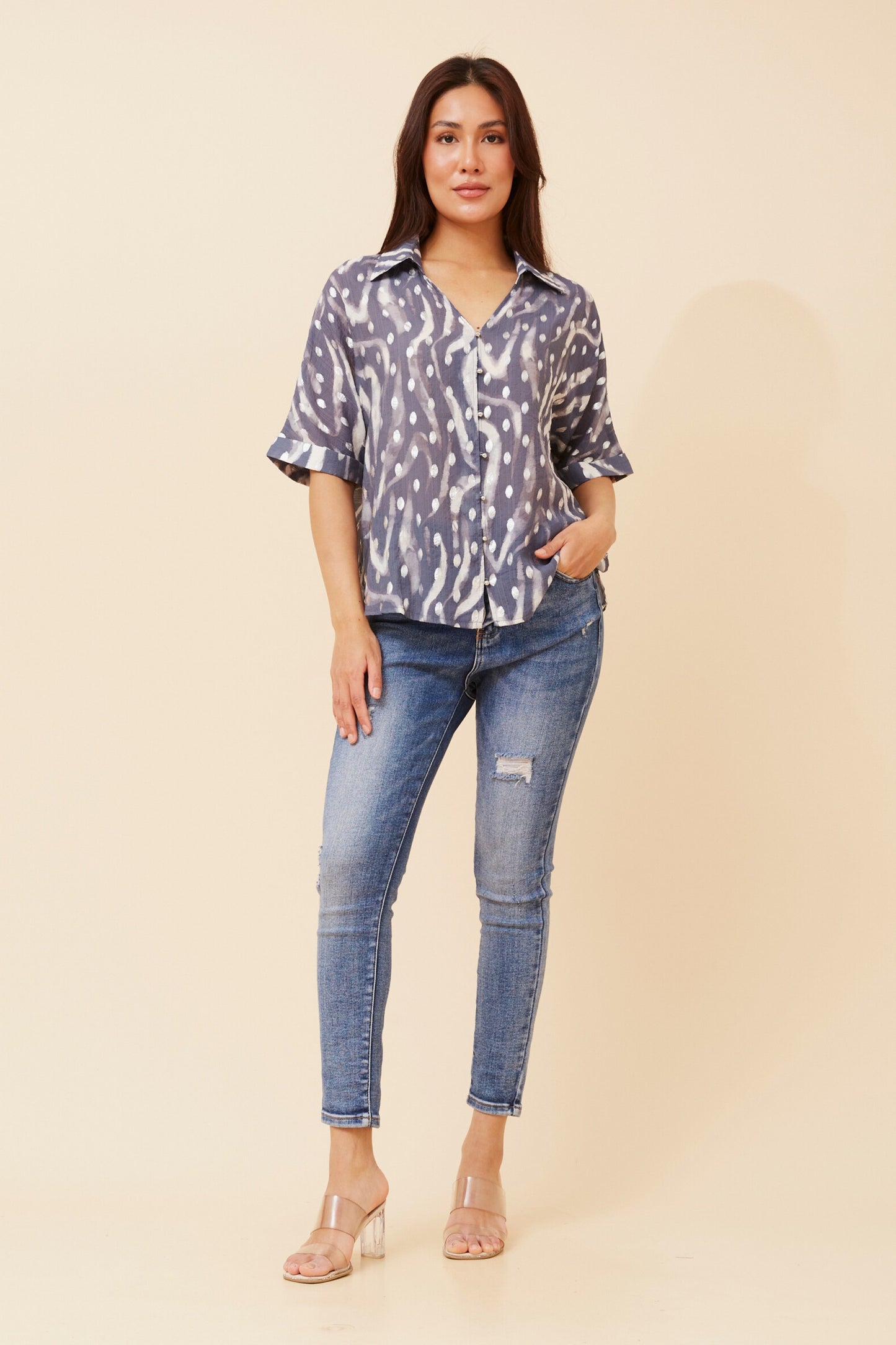 Myka Foil Print Top T523405 Indigo