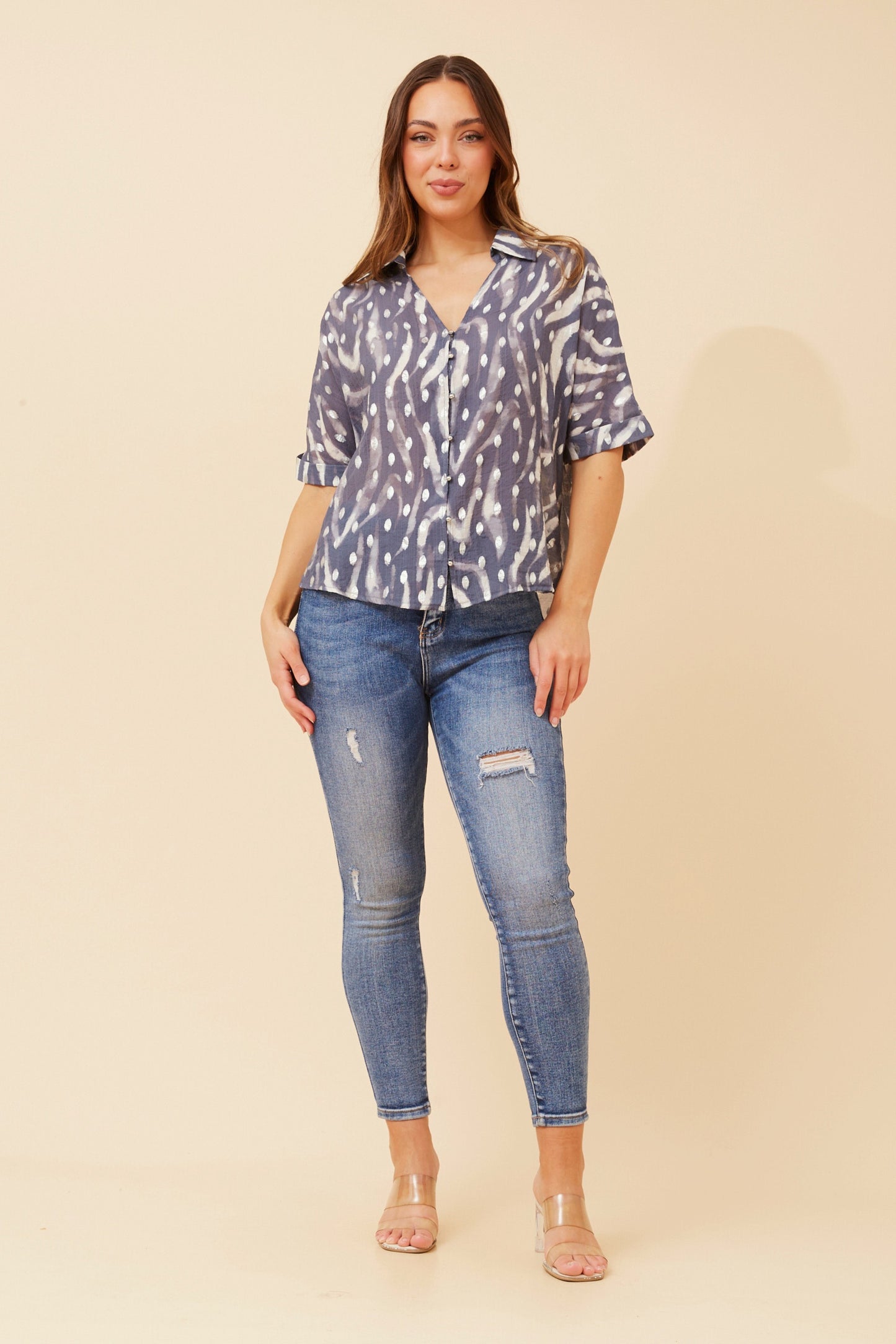 Myka Foil Print Top T523405 Indigo