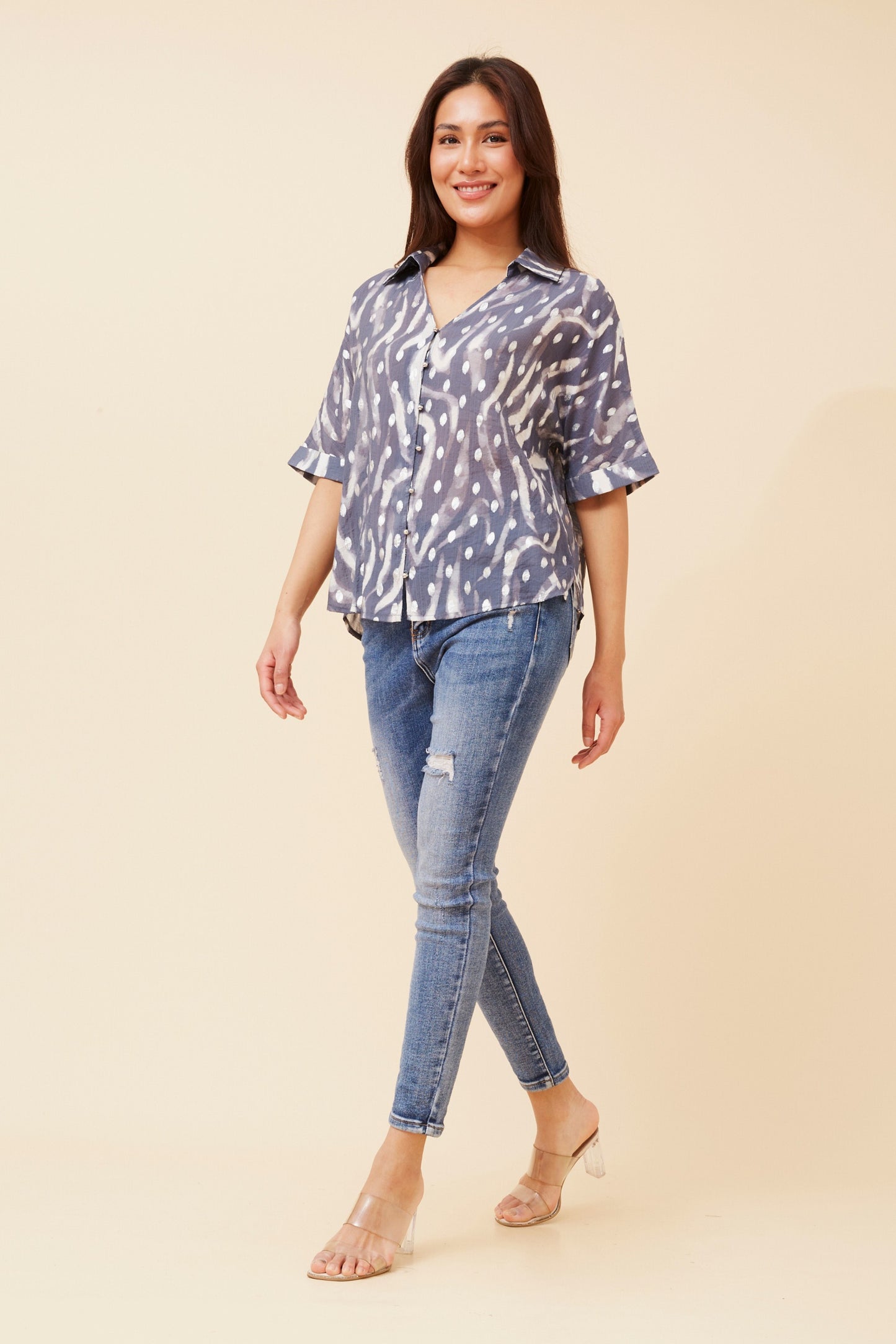 Myka Foil Print Top T523405 Indigo