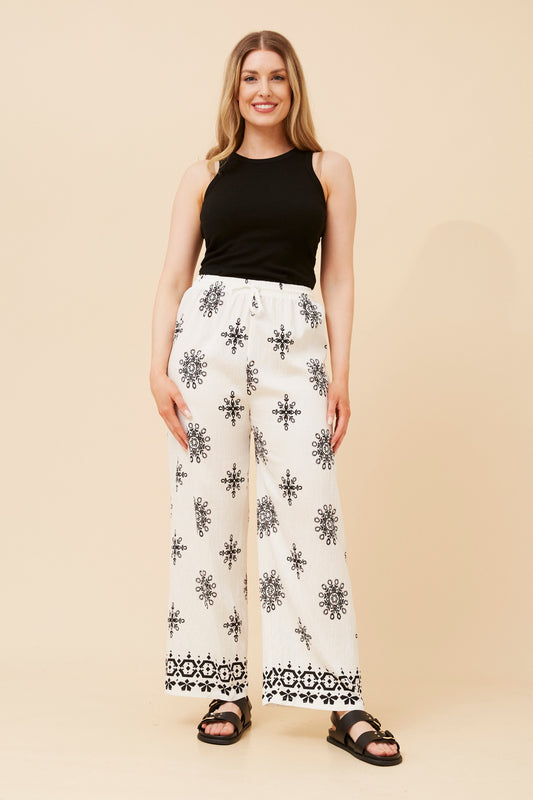 Aida embroidery Print Wide Leg Pant  P525008 White