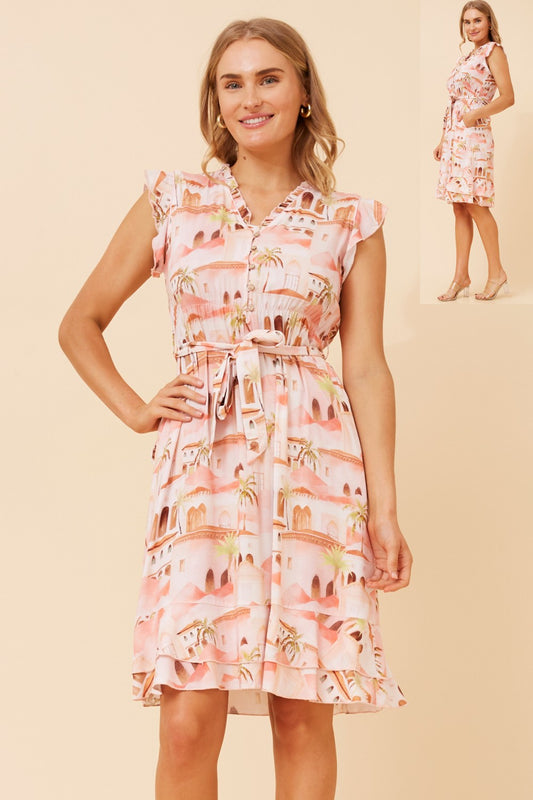 Arwen Palm Printed Knee Dress D524604 Coral