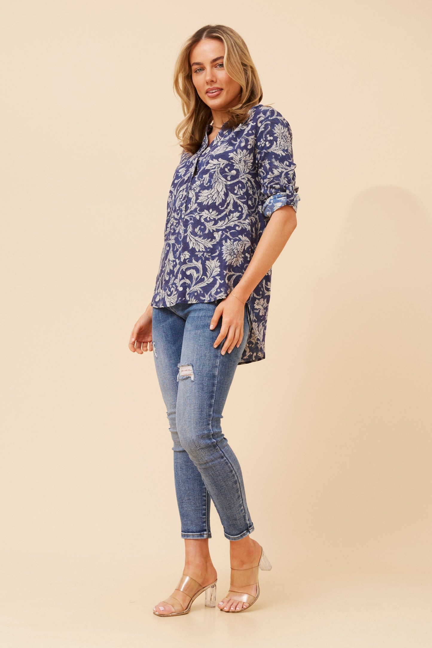 Nadia Floral Printed Top T735165- Navy