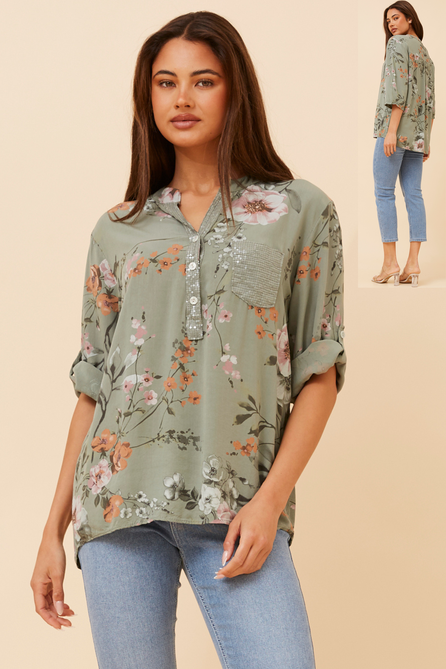 Martina Floral Top T526164 Khaki