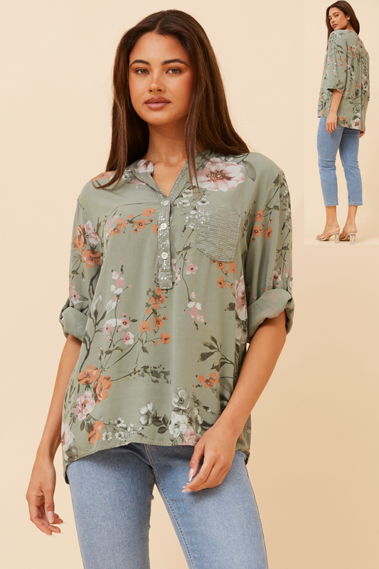Martina Floral Top T526164 Khaki