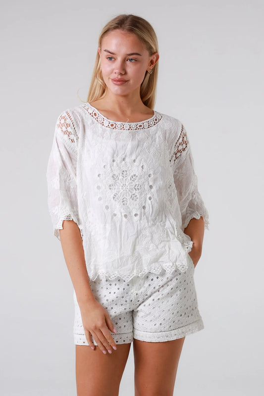 Boho Lace White Blouse KNH975