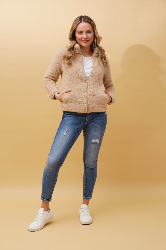 Front FAUX FUR Jacket-Beige J508971