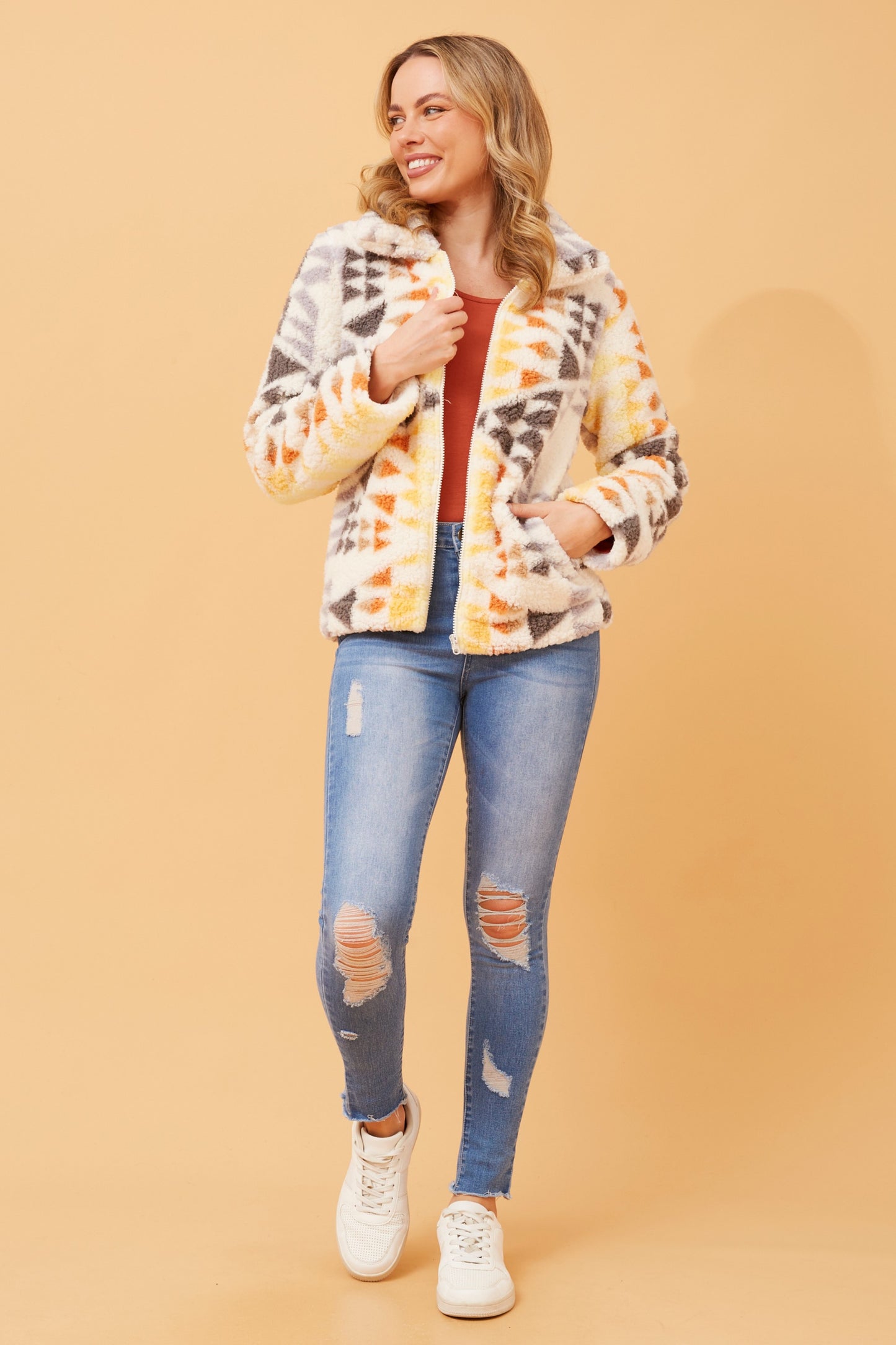 Geometric Print Teddy Jacket J519249