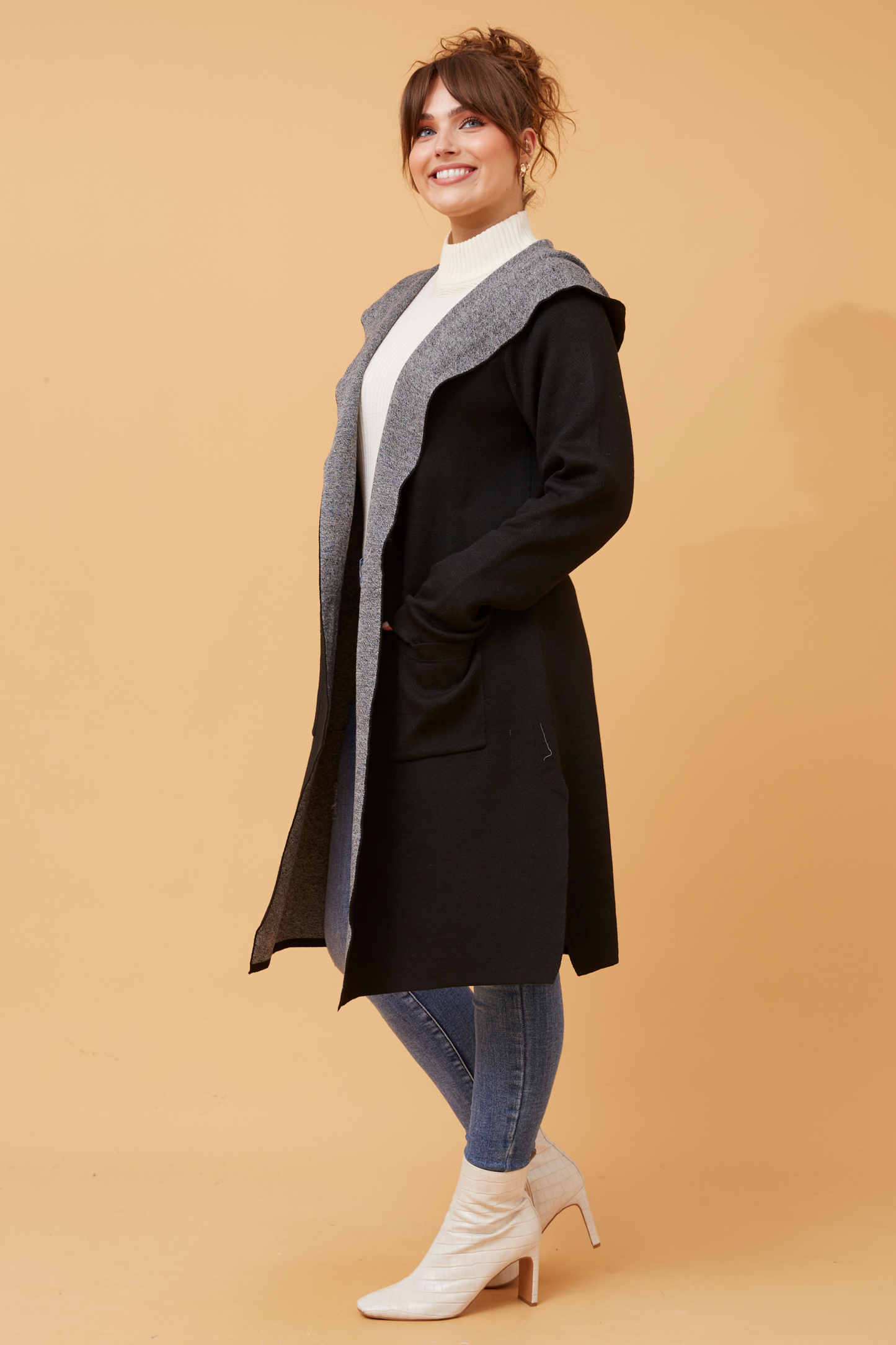 Anna Hooded Knit Black Cardigan KC506928