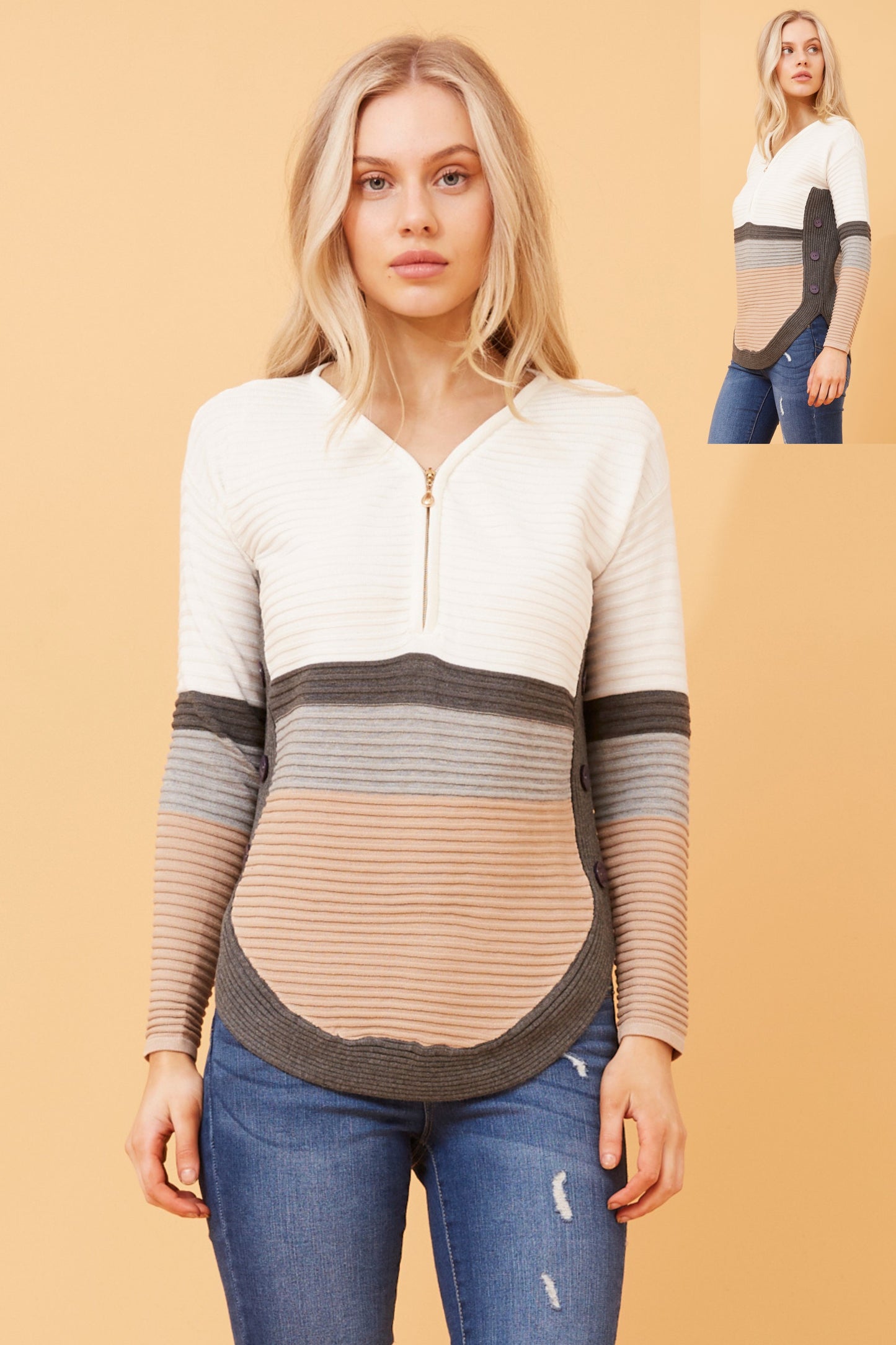 Artha Colour Block Knit Jumper Beige KP518326