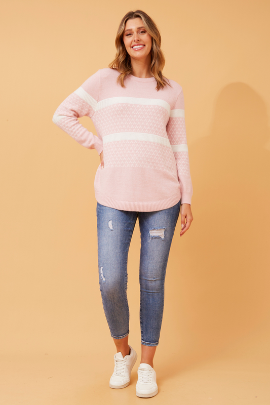 Blair Knit Jumper with Stripes and Jacquard Pink KP519481