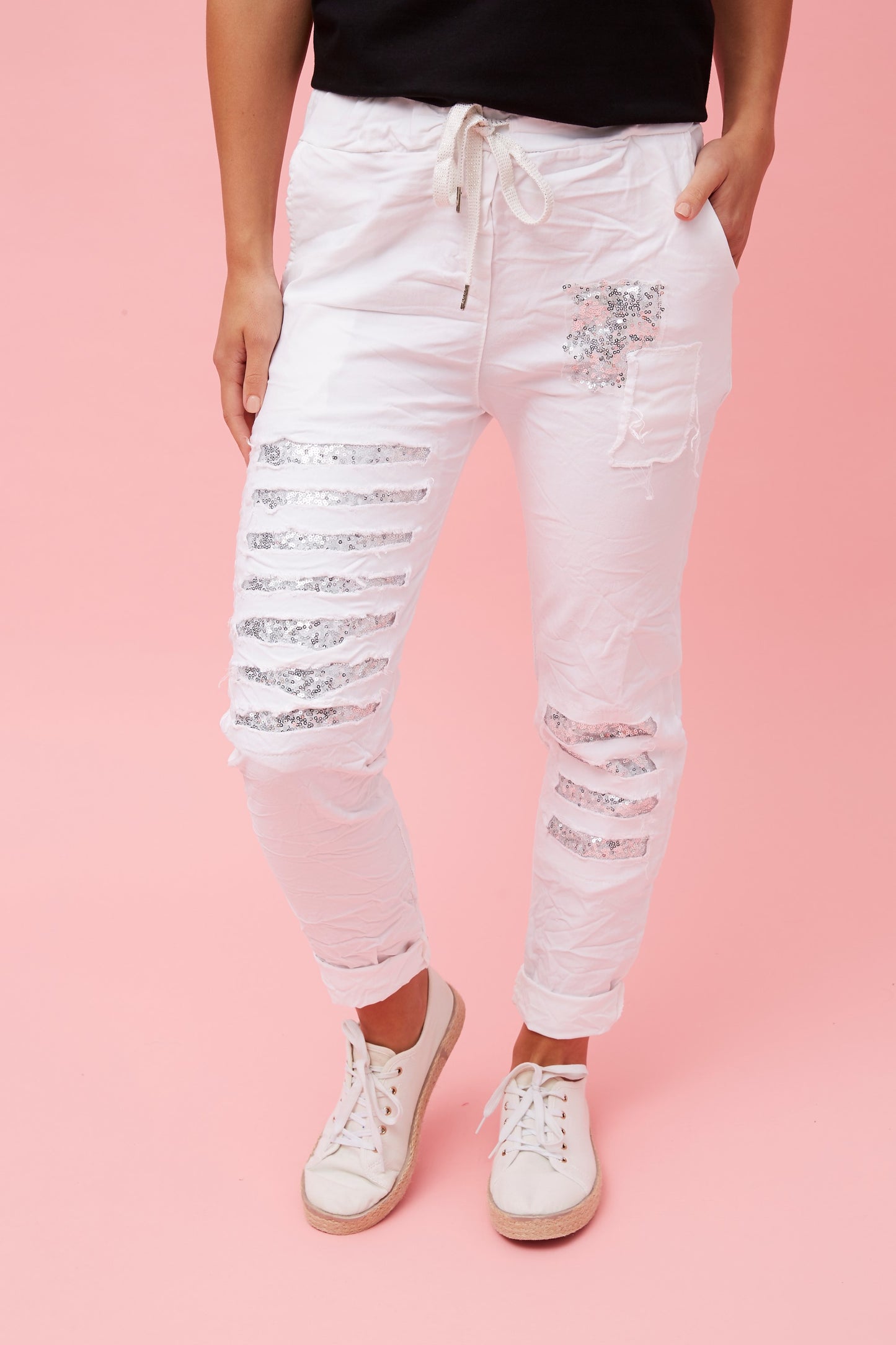 Sequin Patches Italian Pant - White P515477