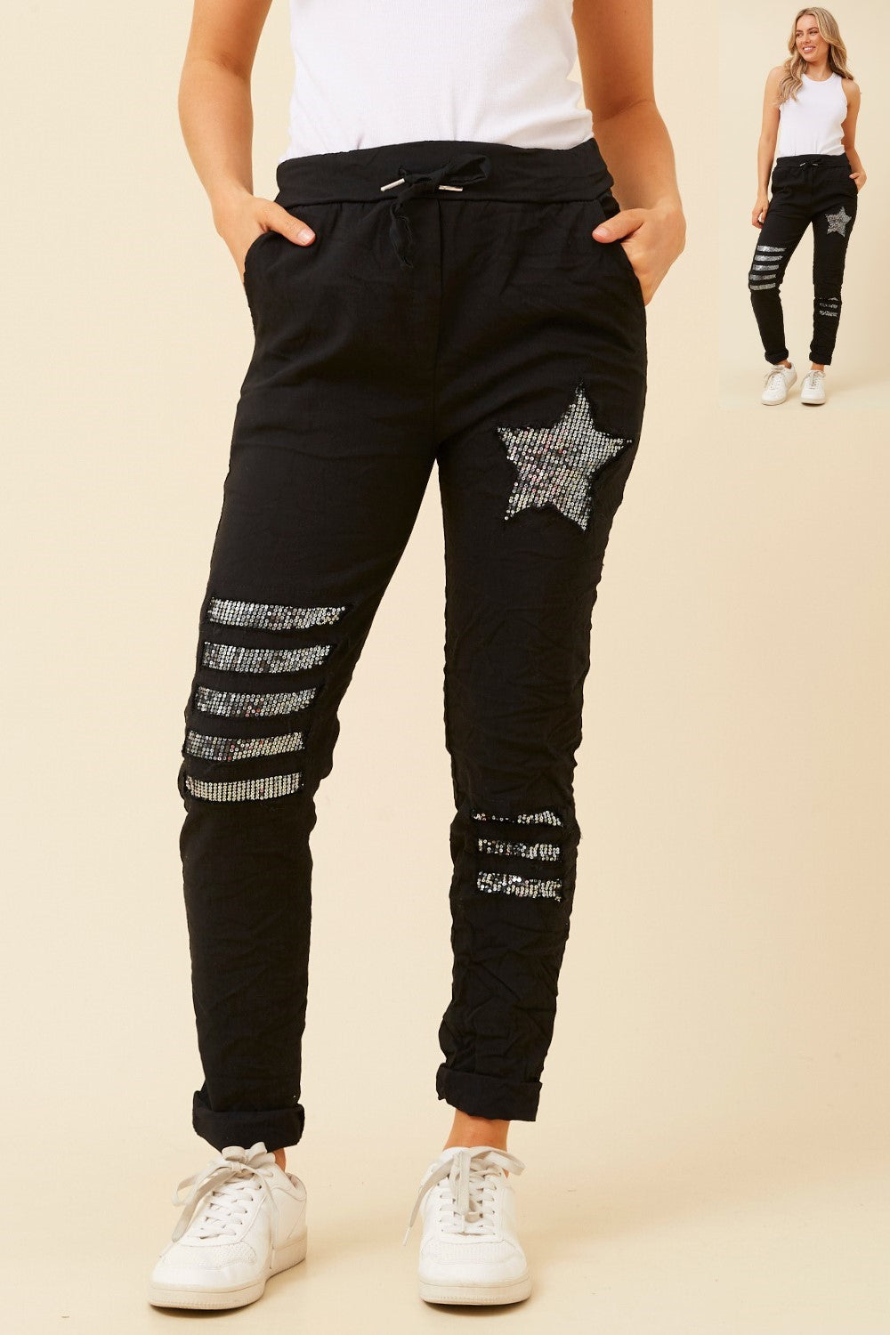 Star Sequin Patches Italian Pant - Black P521148