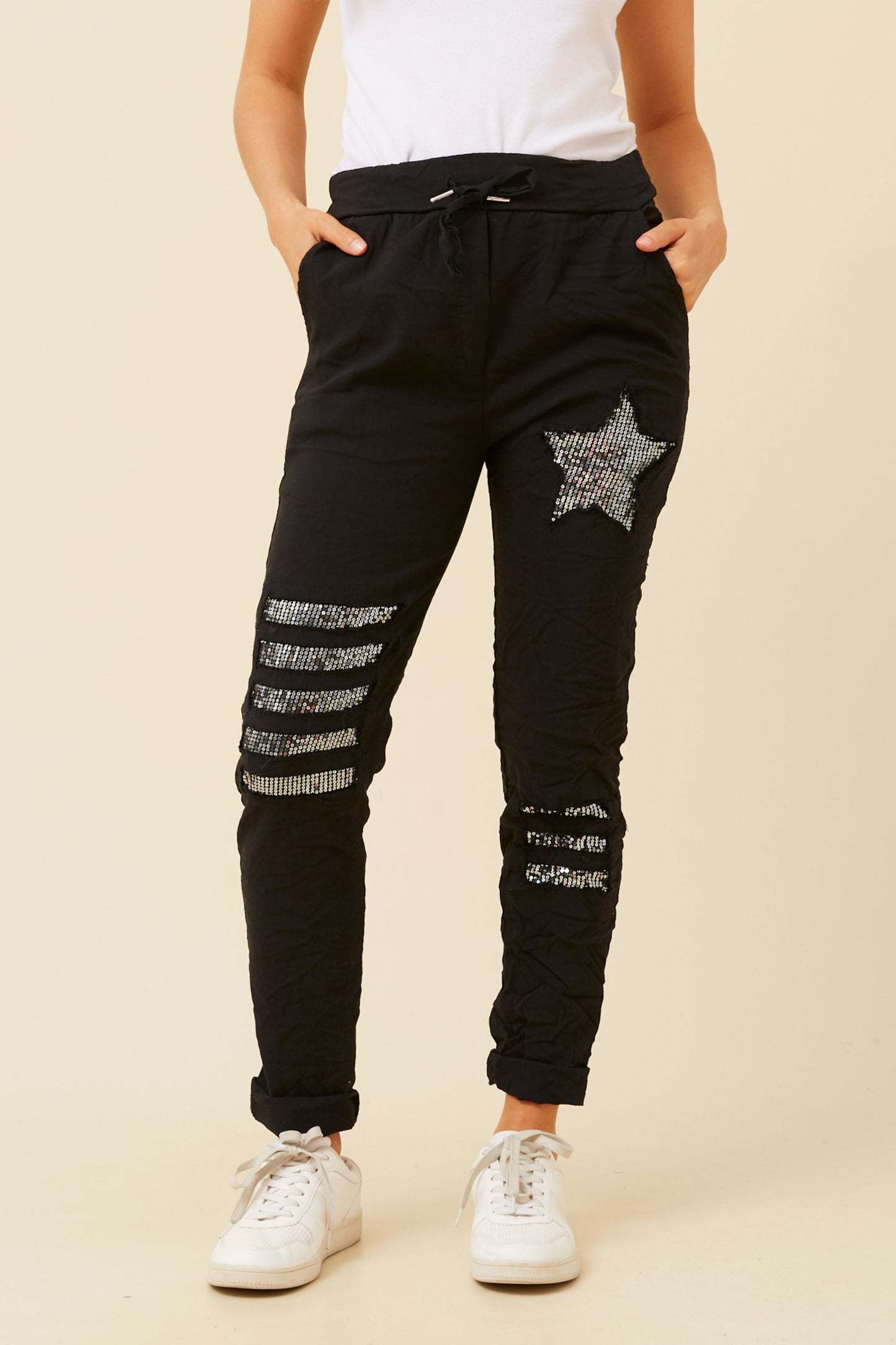 Star Sequin Patches Italian Pant - Black P521148