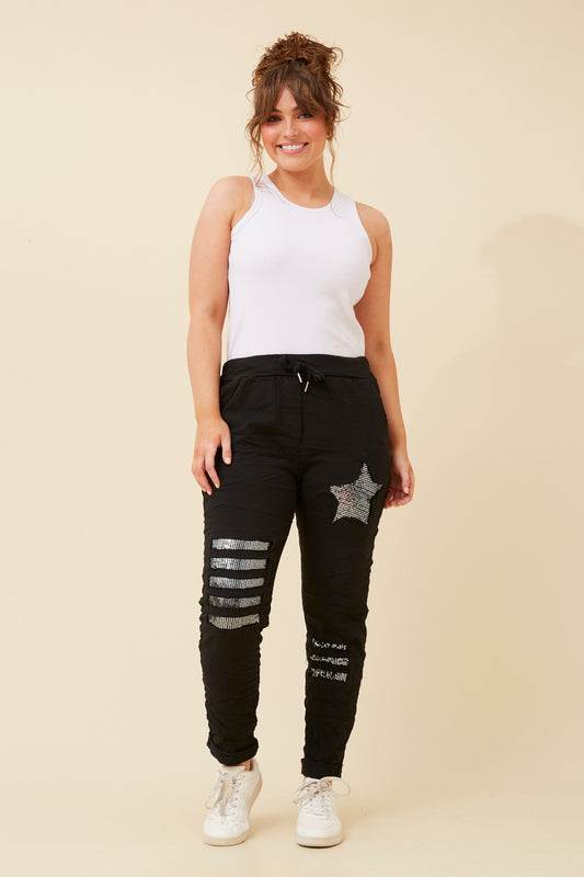 Star Sequin Patches Italian Pant - Black P521148