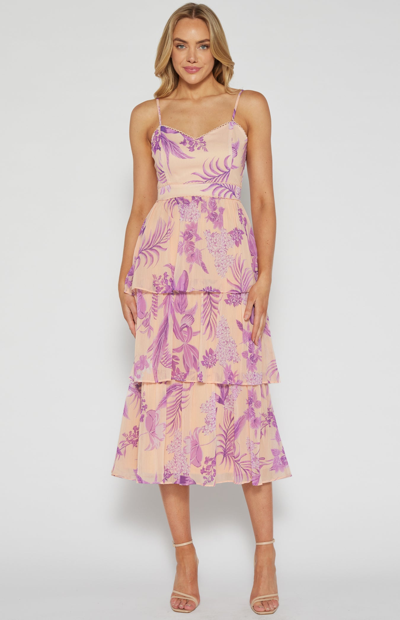 Marisa Floral Chiffon Trim Detail Tiered Dress