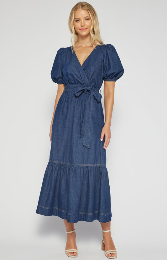 Chambray Bubble Sleeve Midi Dress