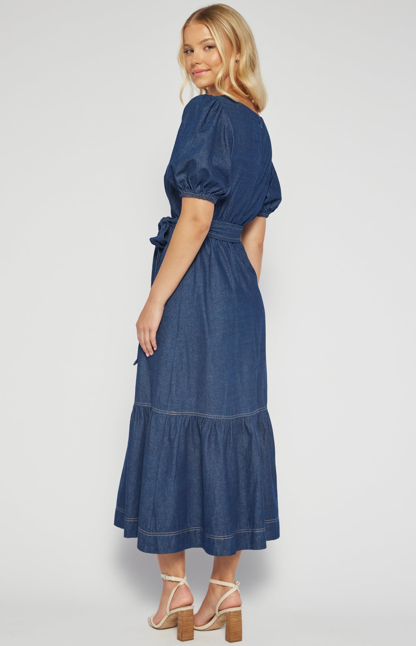 Chambray Bubble Sleeve Midi Dress