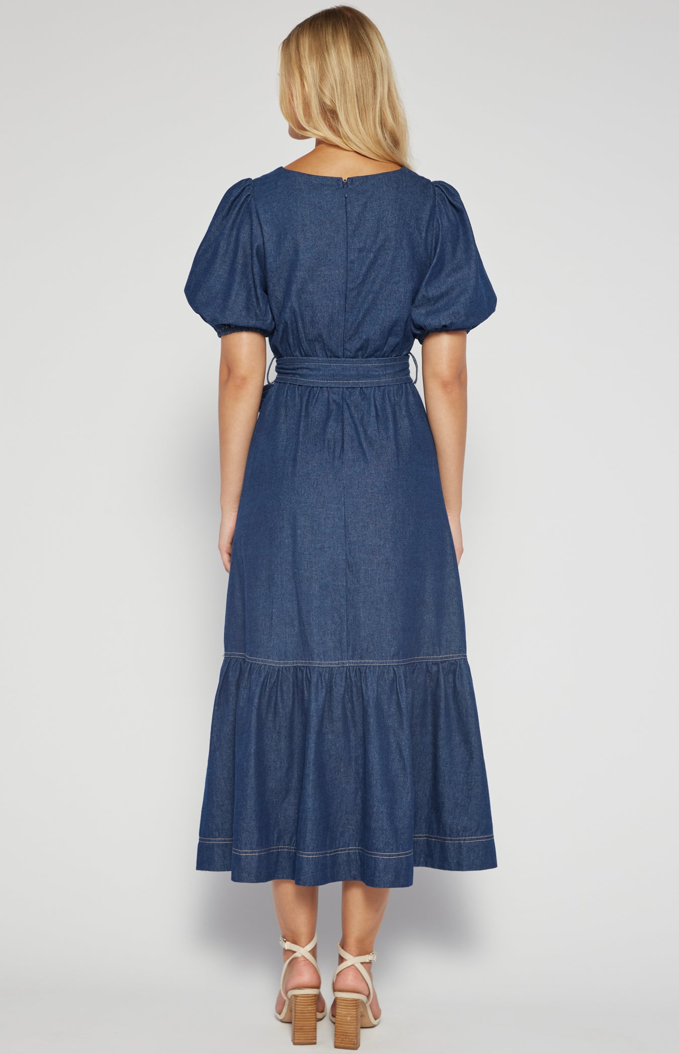 Chambray Bubble Sleeve Midi Dress