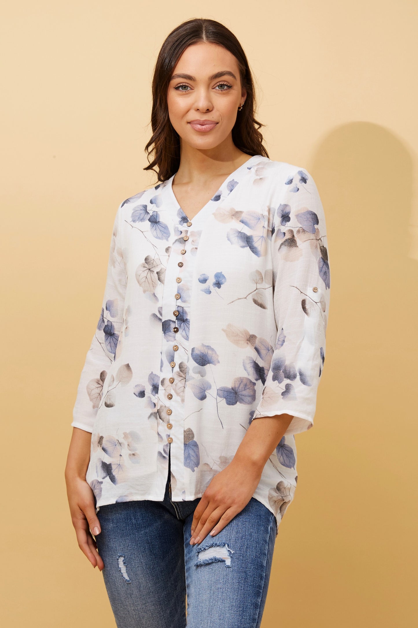 Edie Floral Print Button Top- Multi Blue T509571