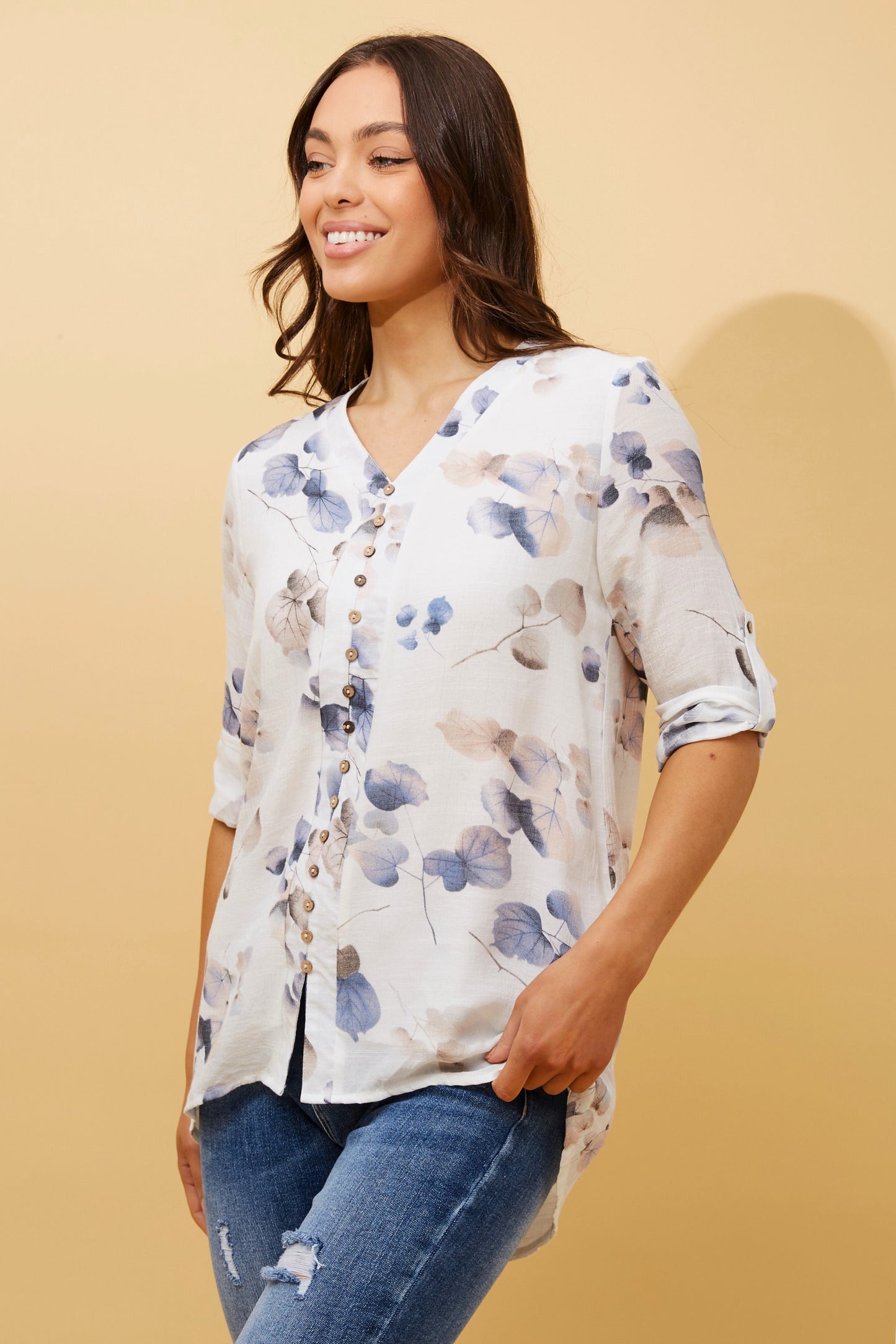 Edie Floral Print Button Top- Multi Blue T509571