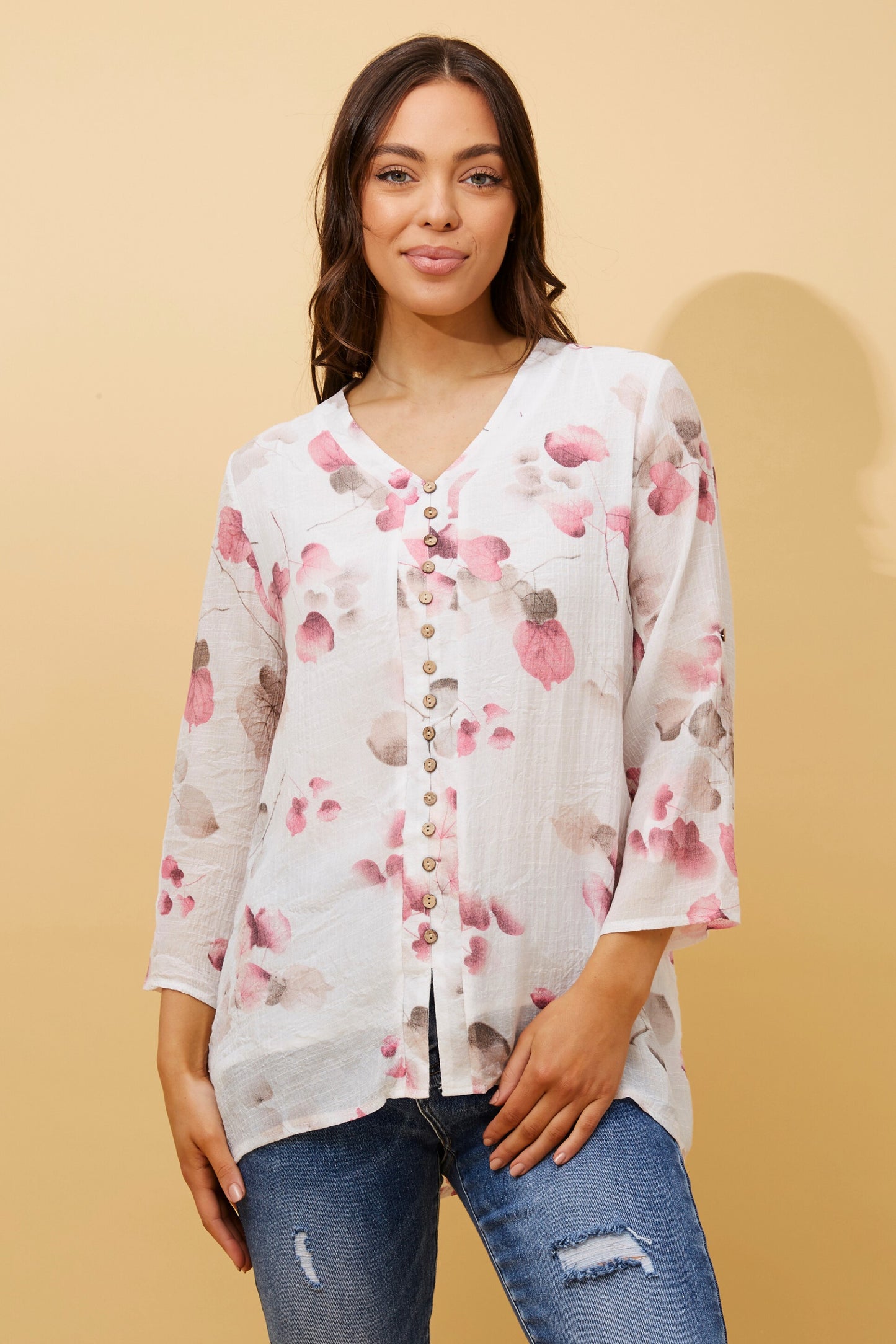 Edie Floral Print Button Top - Multi Pink T509571