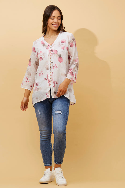 Edie Floral Print Button Top - Multi Pink T509571