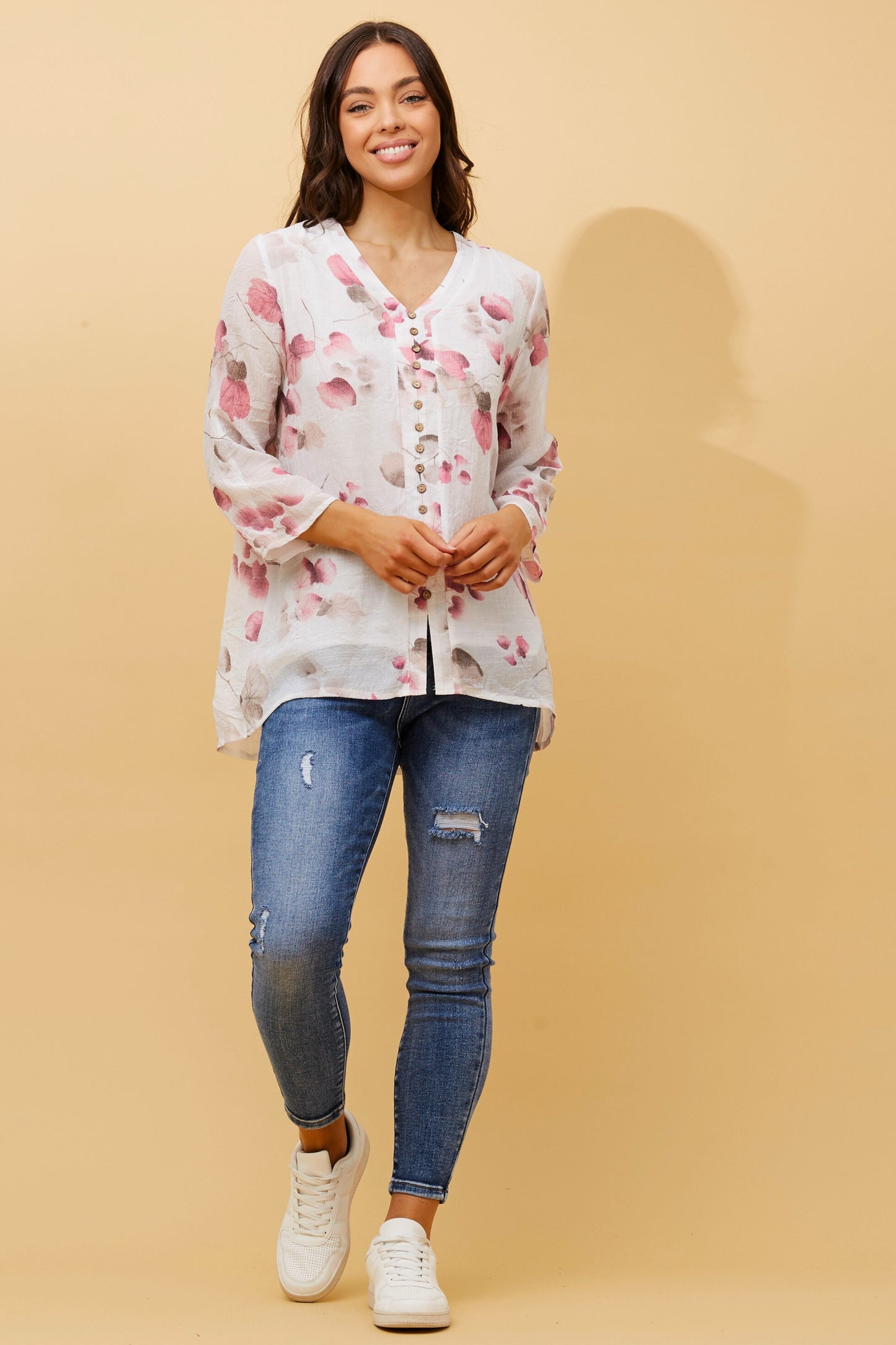 Edie Floral Print Button Top - Multi Pink T509571