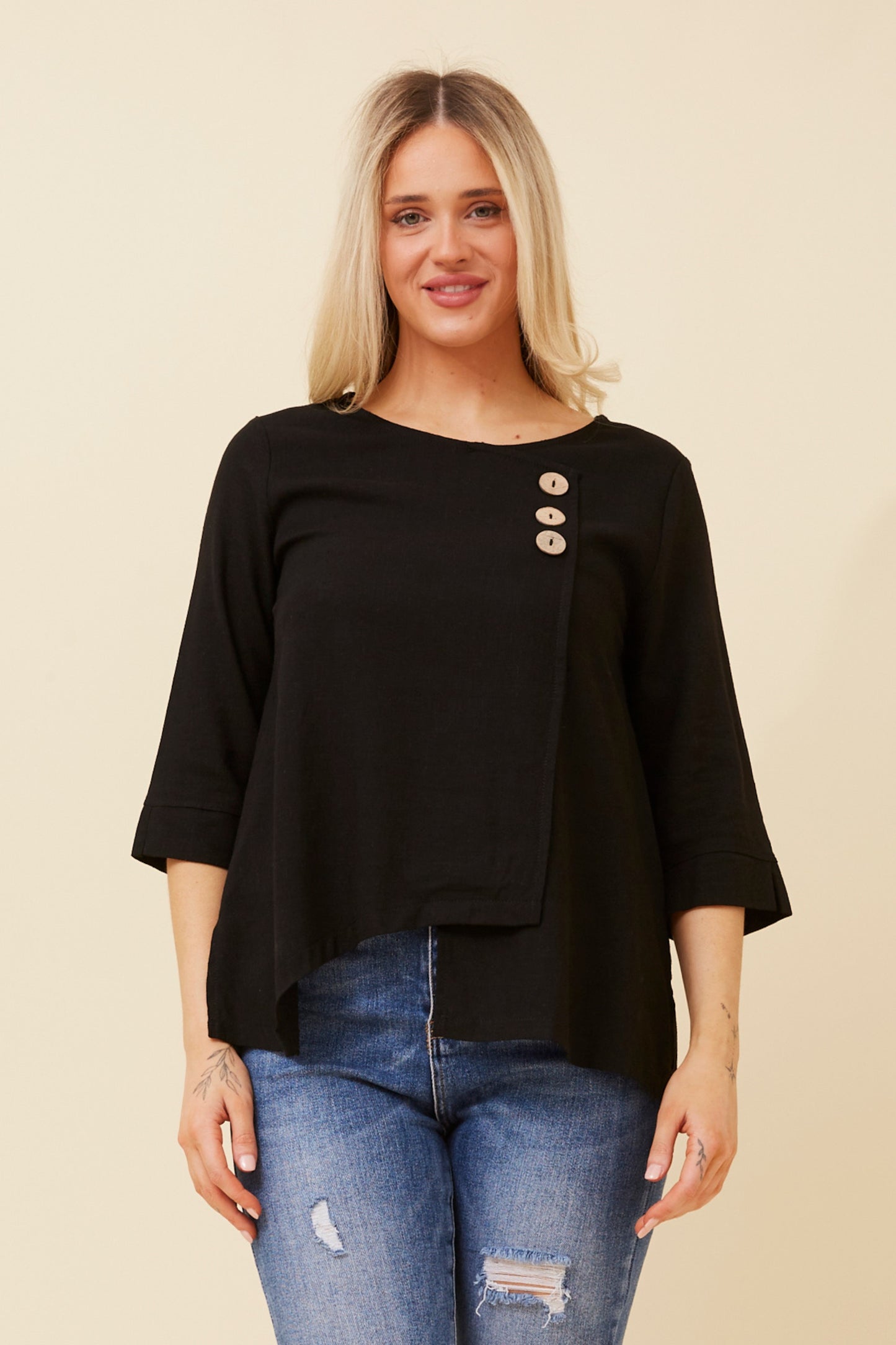 Maria Button Detail Top - Black T510490