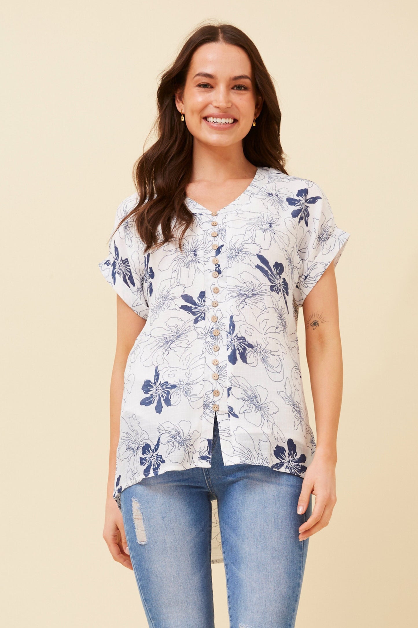 Jen Front Button Printed Top T510965 - Navy
