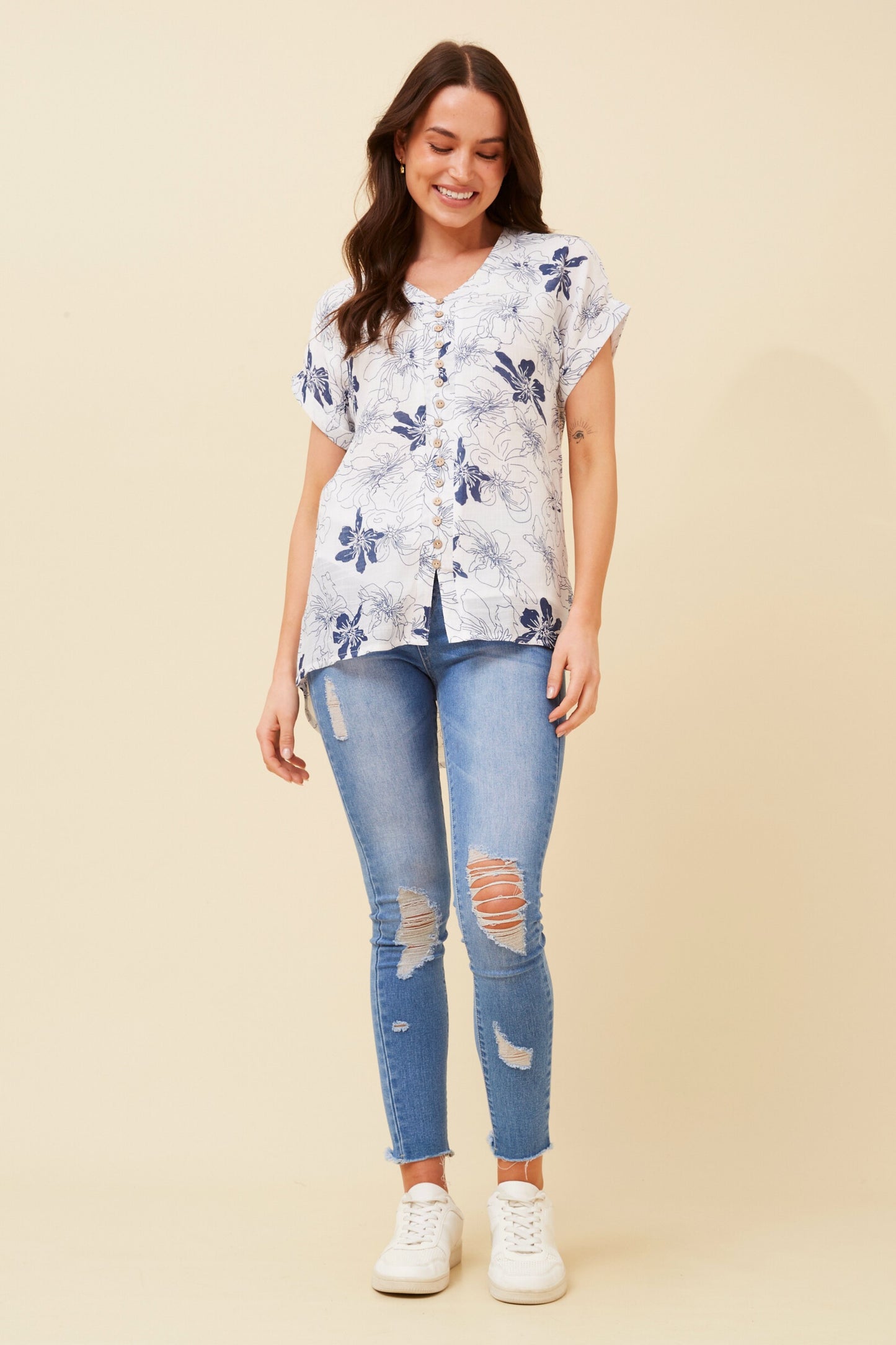 Jen Front Button Printed Top T510965 - Navy