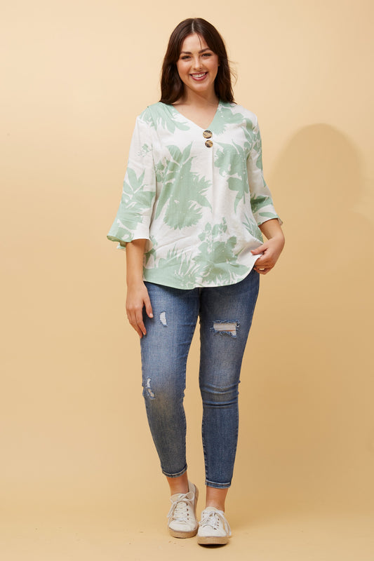 Jovie Leaf Print Top Sage T515606