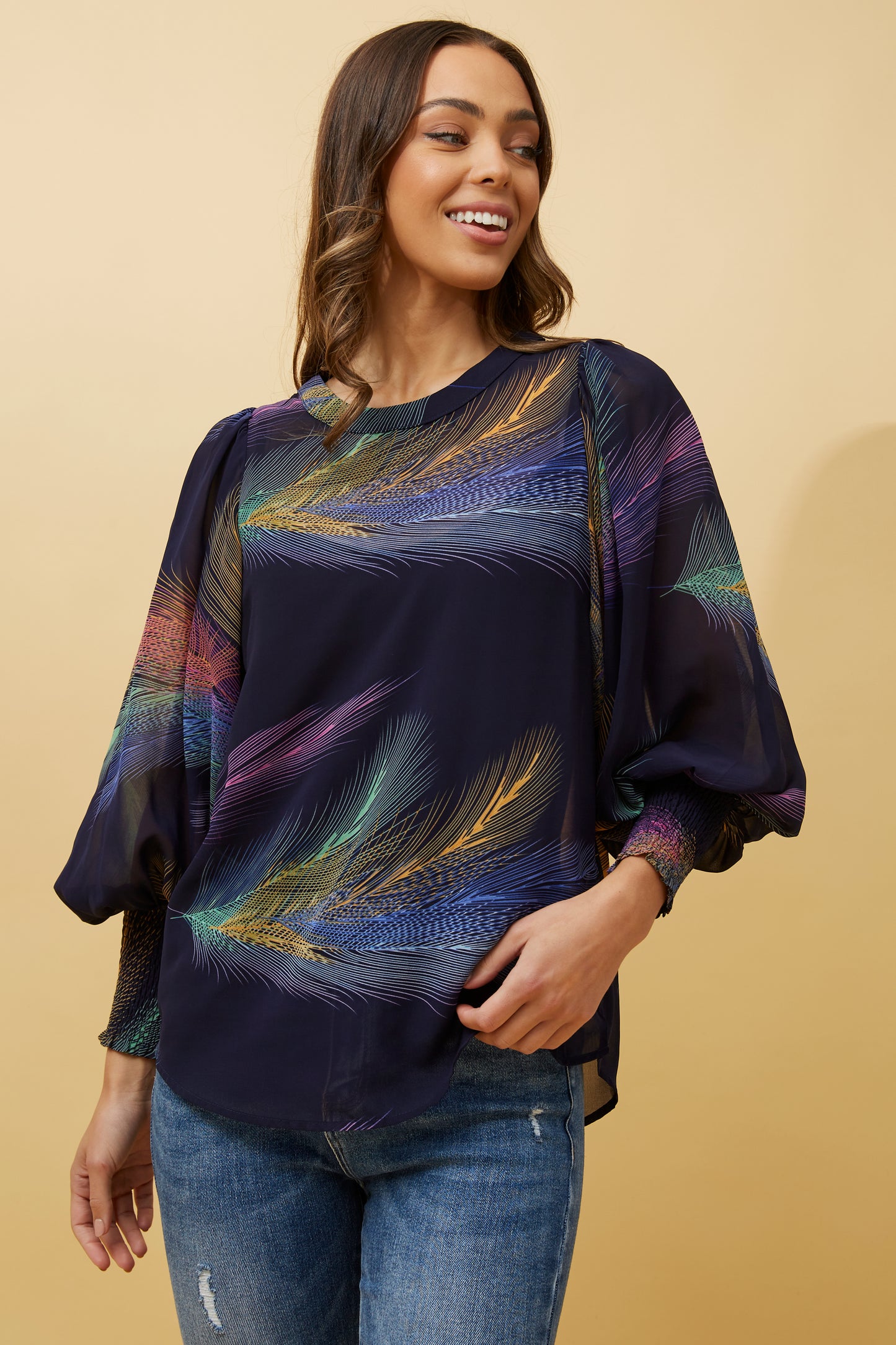 Ajoy Shirring Detail Printed Blouse T516648