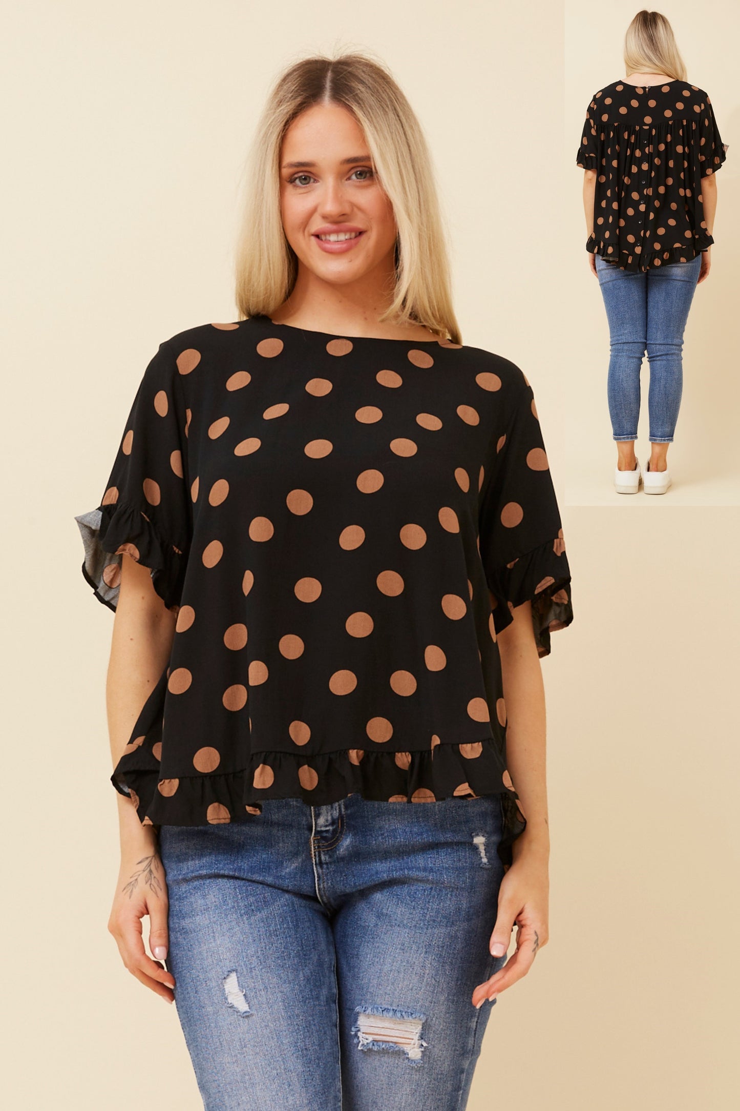 Lara Polka Top with Back Button T517631 - Black