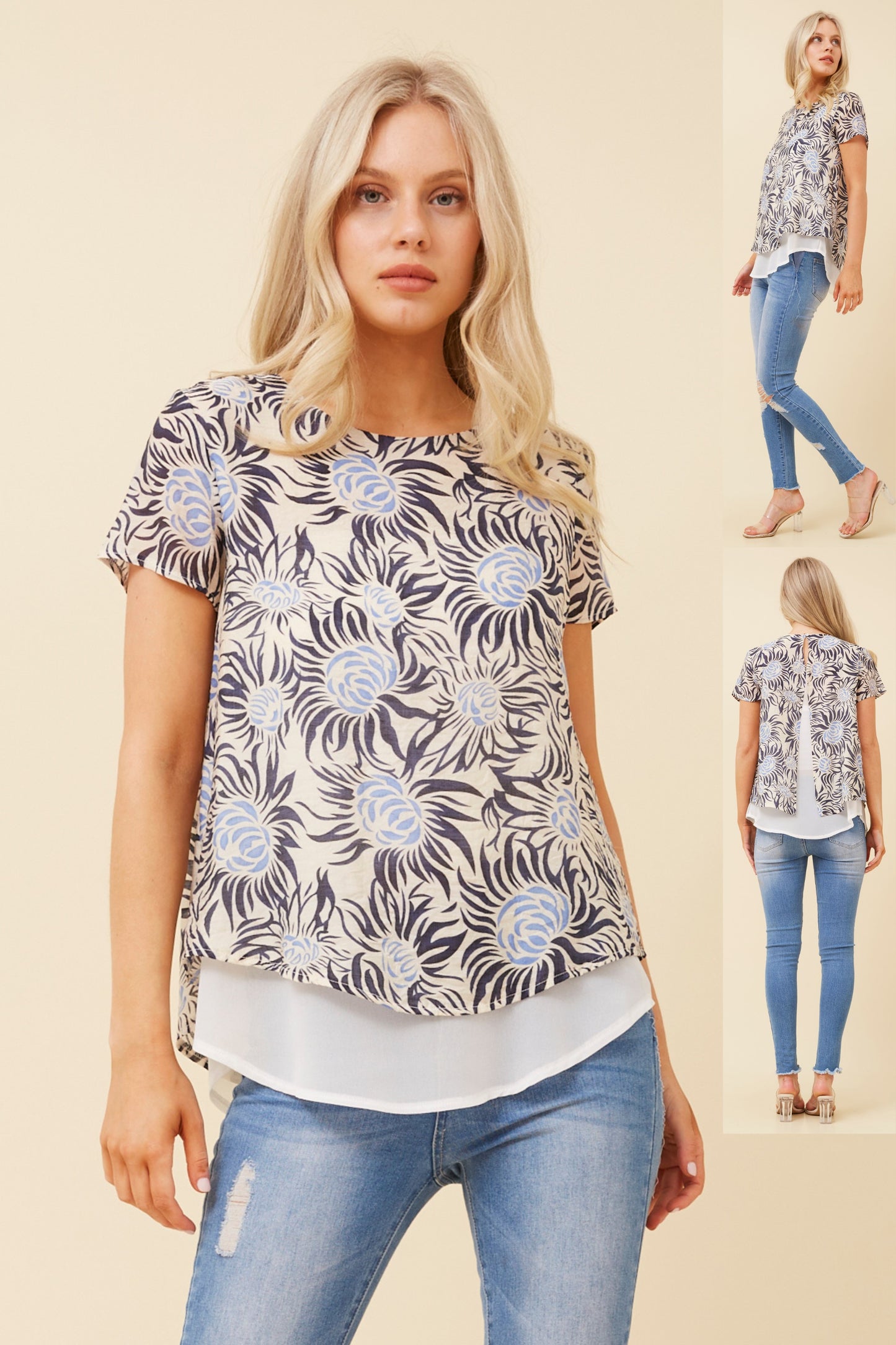 Mischa Double Layer Printed Top T518574 - Navy