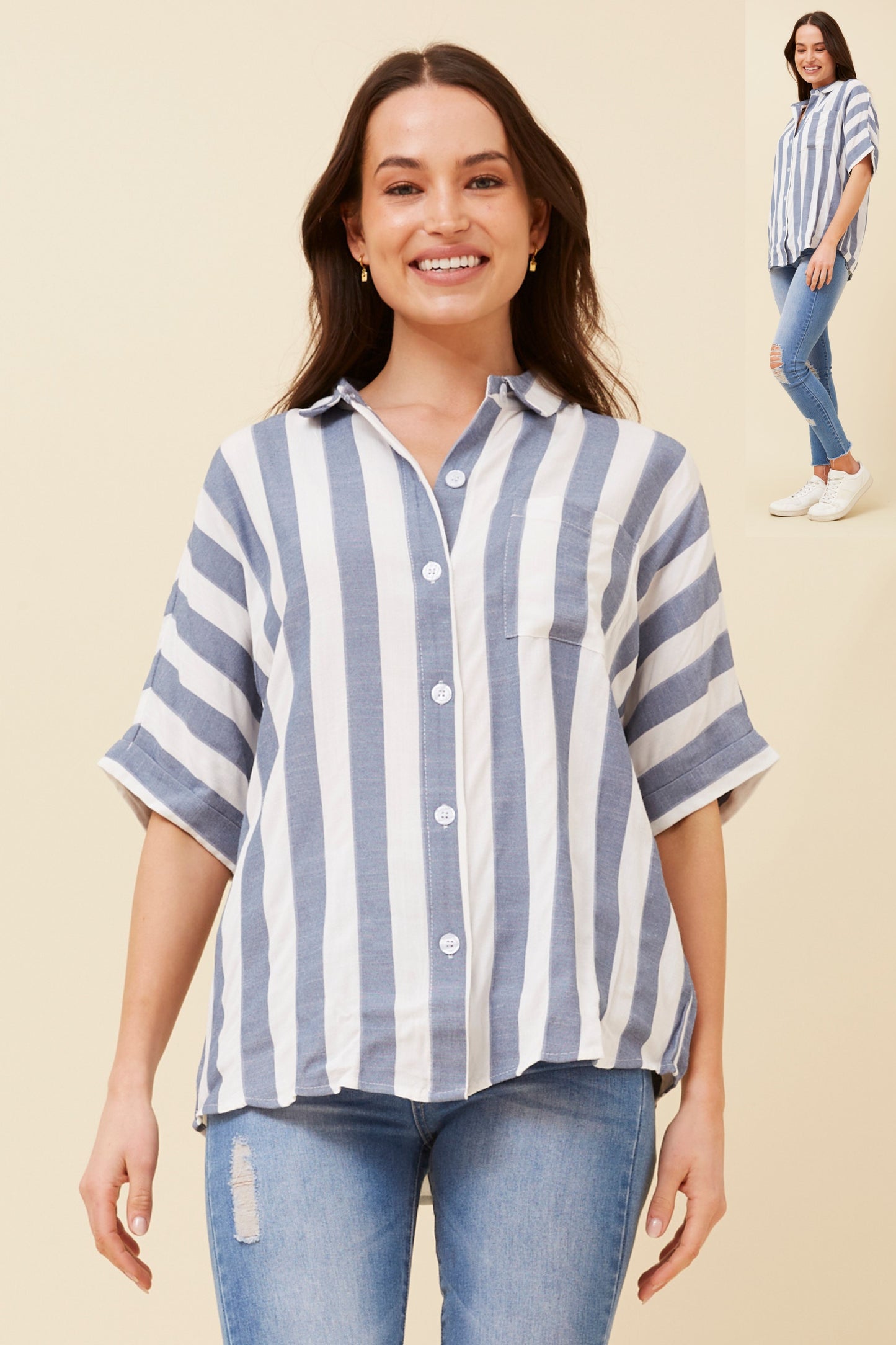 Verona Stripe Shirt with Cuffs T519349 - Navy