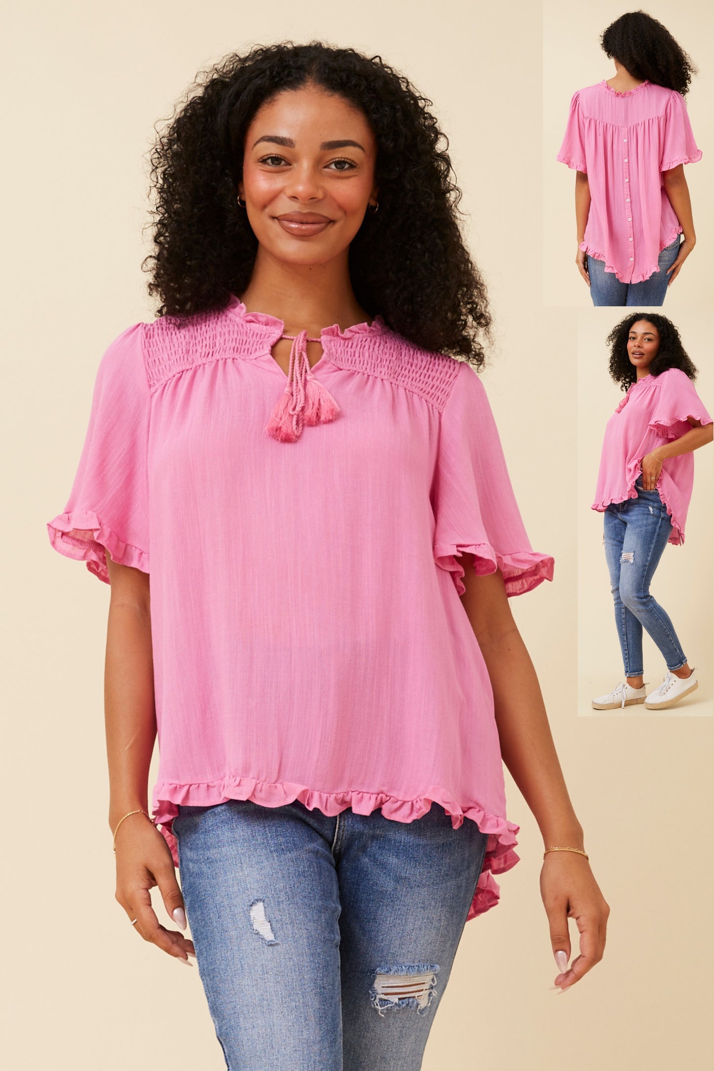 Kristel Short Frill  Sleeve Top T520237 - Pink